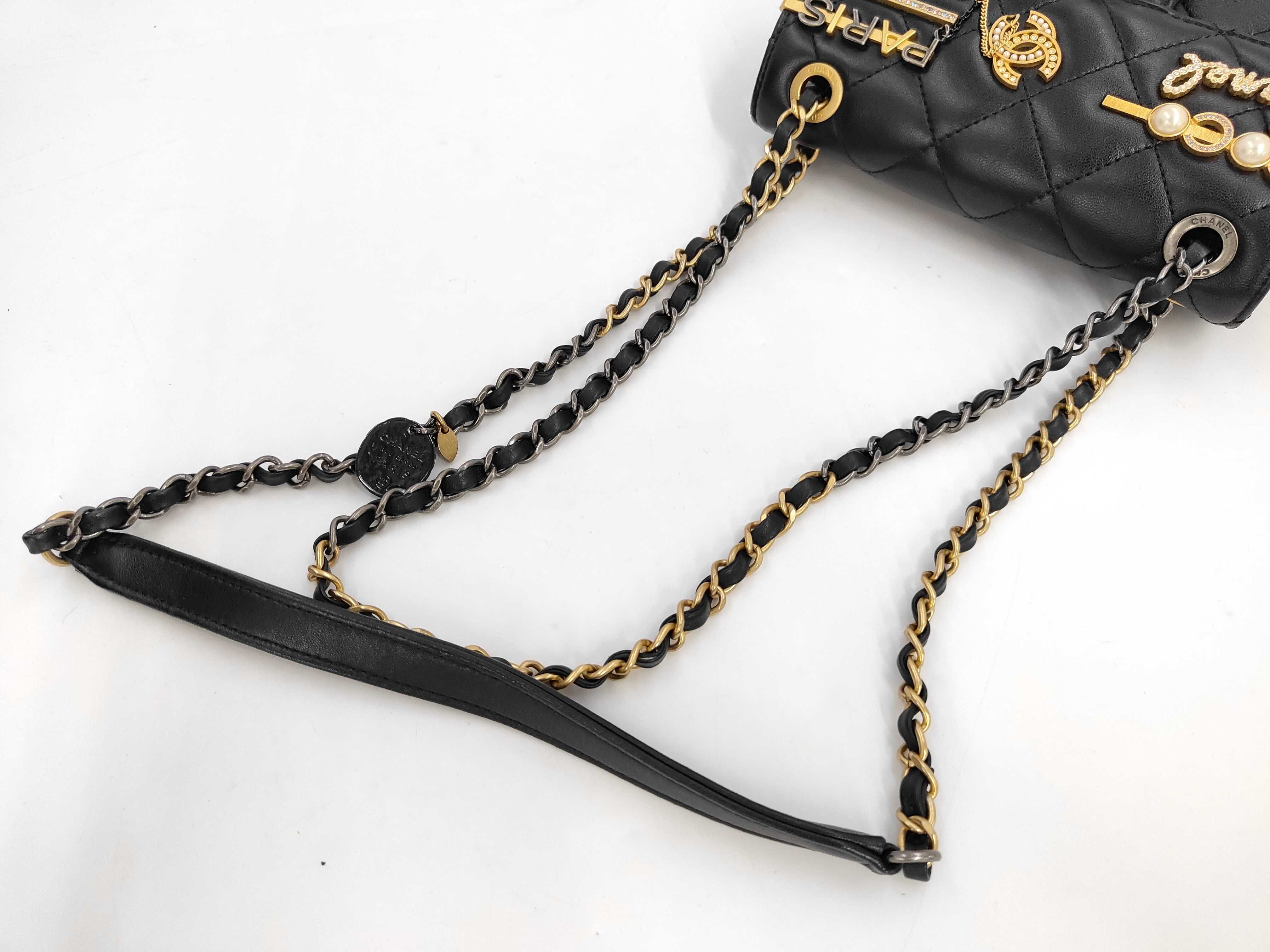 Matelassé Mini Chain Shoulder Bag, Black Lambskin, Paris Motif Charm, Gold Hardware. — view 5
