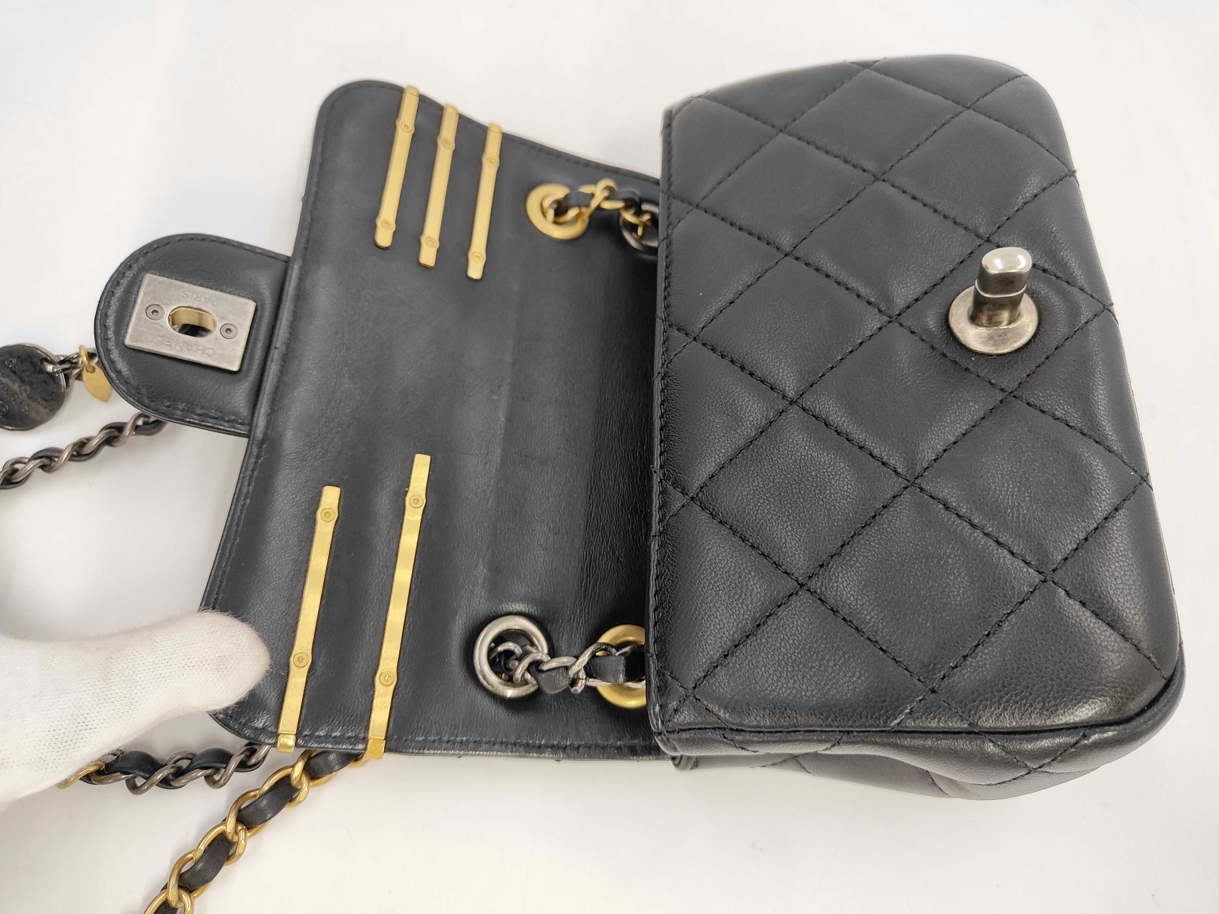 Matelassé Mini Chain Shoulder Bag, Black Lambskin, Paris Motif Charm, Gold Hardware. — view 8