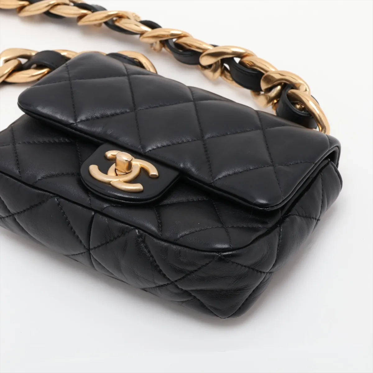 Mini Matelassé Lambskin Chain Shoulder Bag, Black with Gold Hardware, AU2ETNH5, Random Plate, AS3214 — view 3