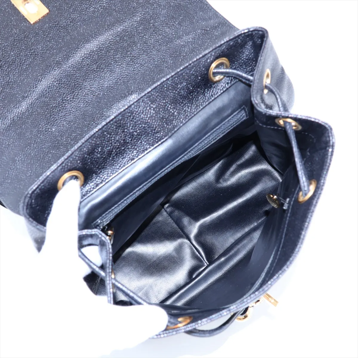 Coco Mark Caviar Skin Chain Backpack, Black with Gold Hardware, Item No. 3397534 (Serial Number 3) — view 7