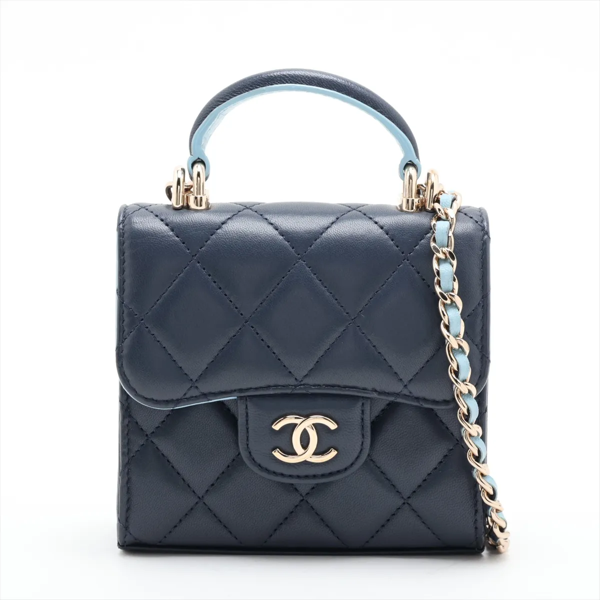 Mini Matelassé Lambskin 2-Way Handbag, Blue with Gold Hardware, P4K1211K, Random Serial Number