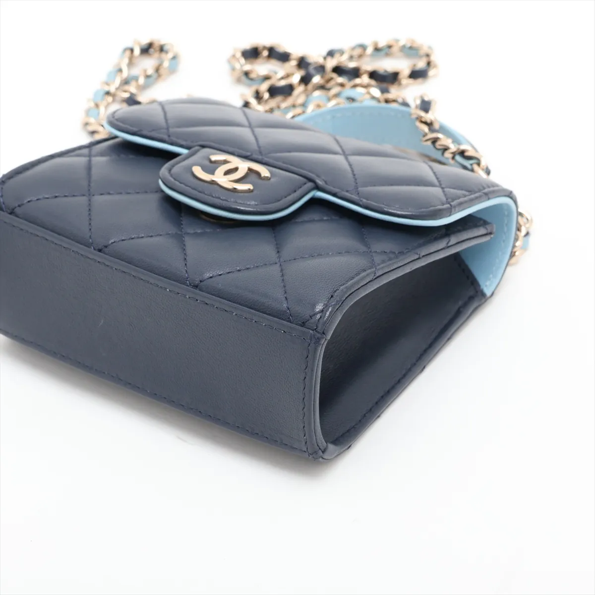 Mini Matelassé Lambskin 2-Way Handbag, Blue with Gold Hardware, P4K1211K, Random Serial Number — view 3