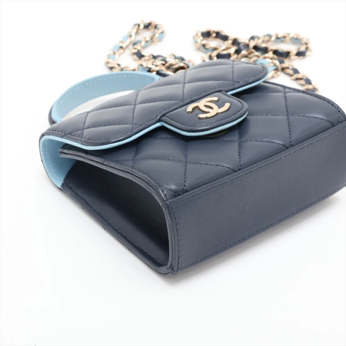 Mini Matelassé Lambskin 2-Way Handbag, Blue with Gold Hardware, P4K1211K, Random Serial Number — view 4