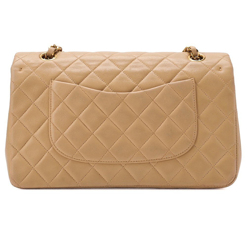 Lambskin Matelassé 25cm Double Flap Chain Shoulder Bag, Beige — view 2