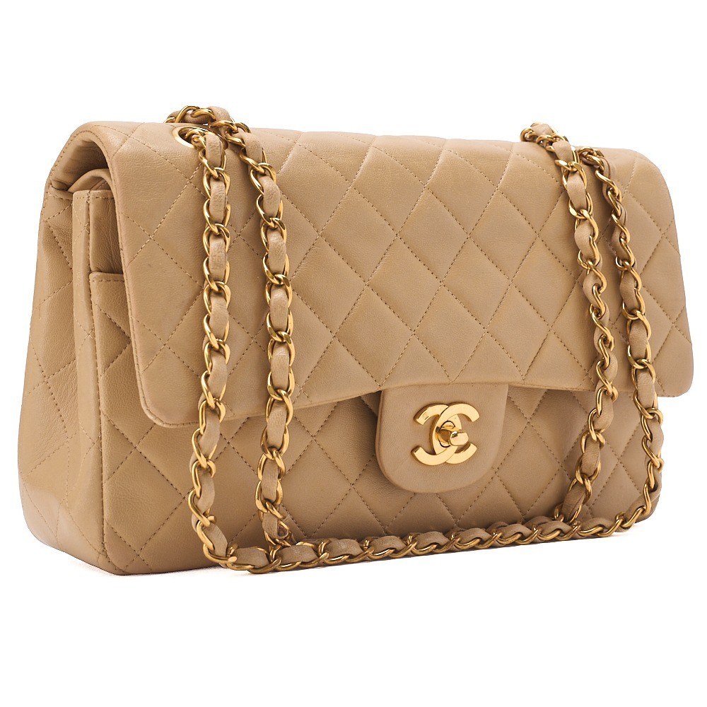 Lambskin Matelassé 25cm Double Flap Chain Shoulder Bag, Beige — view 3