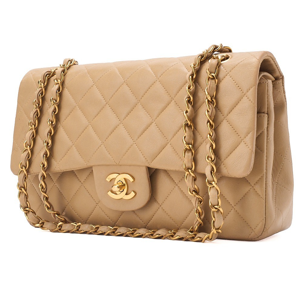 Lambskin Matelassé 25cm Double Flap Chain Shoulder Bag, Beige — view 4