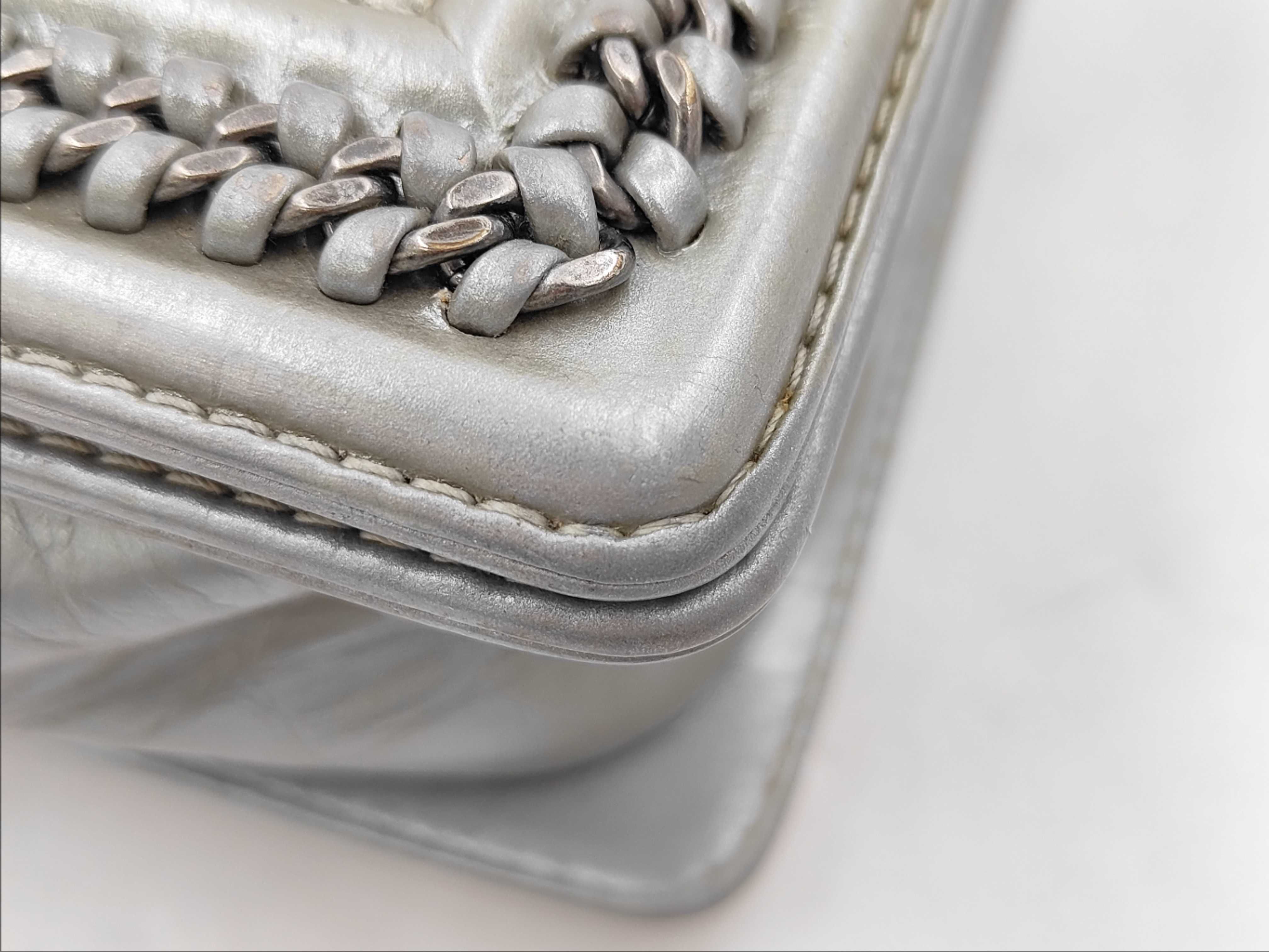 Boy Chanel Leather Chain Shoulder Bag, Metallic Silver — view 8
