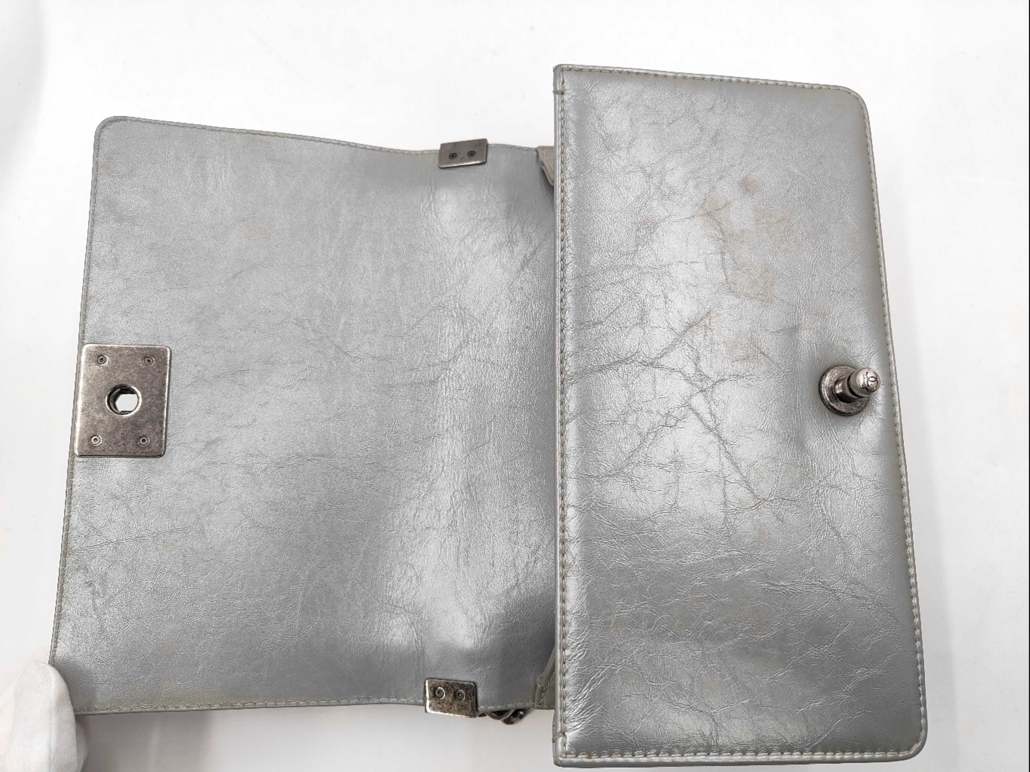 Boy Chanel Leather Chain Shoulder Bag, Metallic Silver — view 10