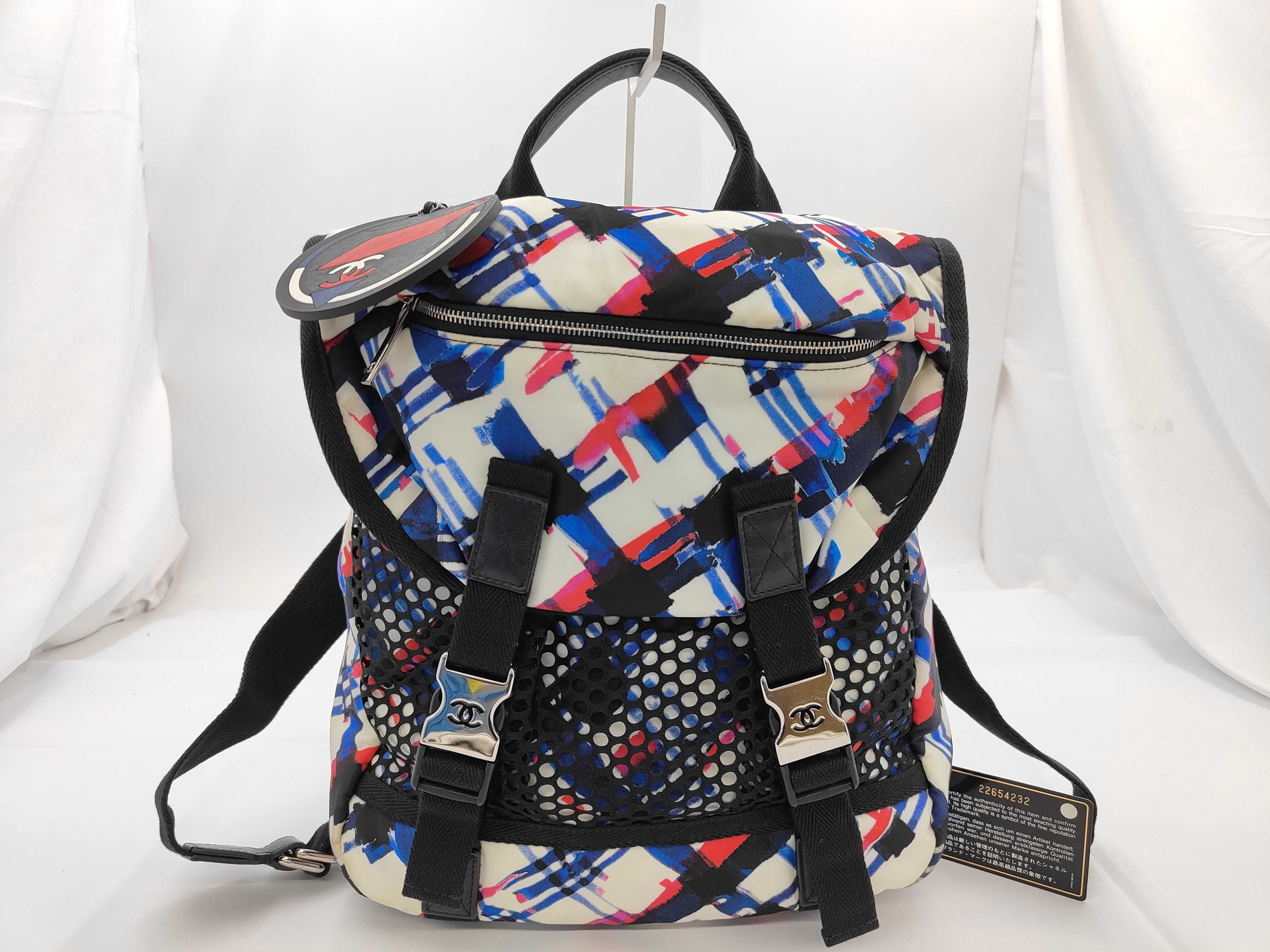 Airline Backpack, Nylon x Canvas, White x Multicolor, Silver Hardware, Serial Number 22-series.