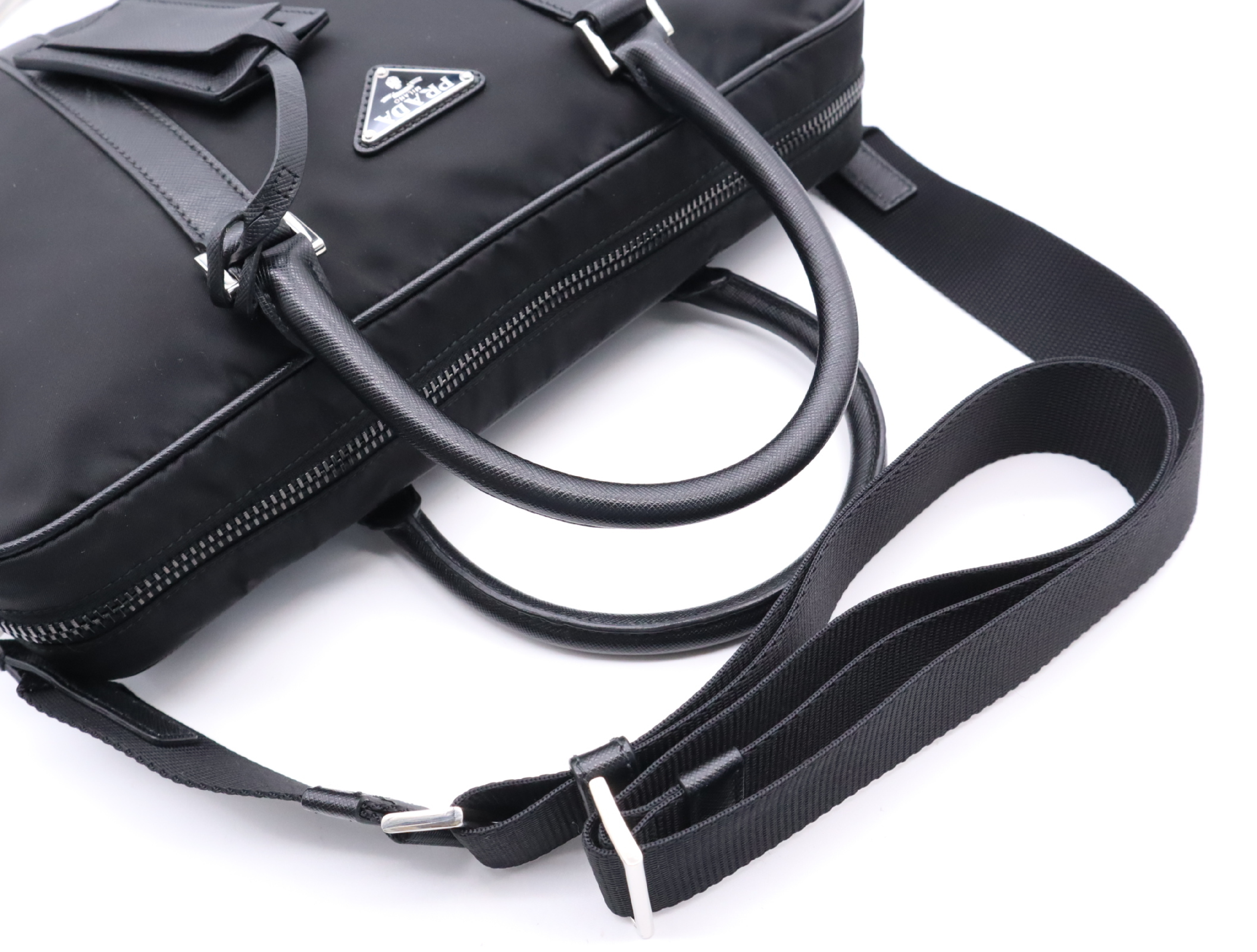 Nylon/Leather Triangle Logo Briefcase with Shoulder Strap and Name Tag - Business Bag — view 14