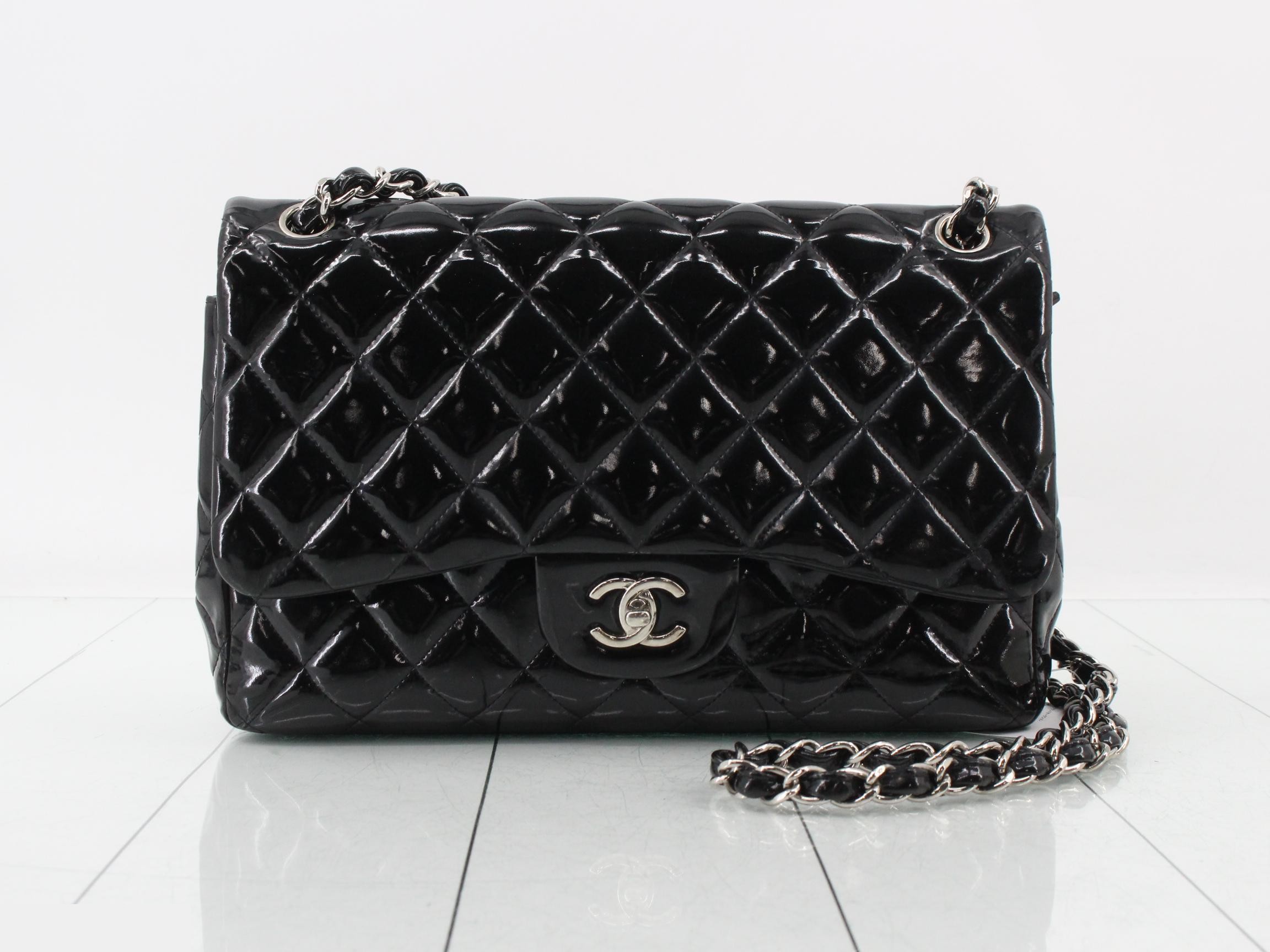 Large Matelassé 30 Enamel Double Flap Double Chain Shoulder Bag