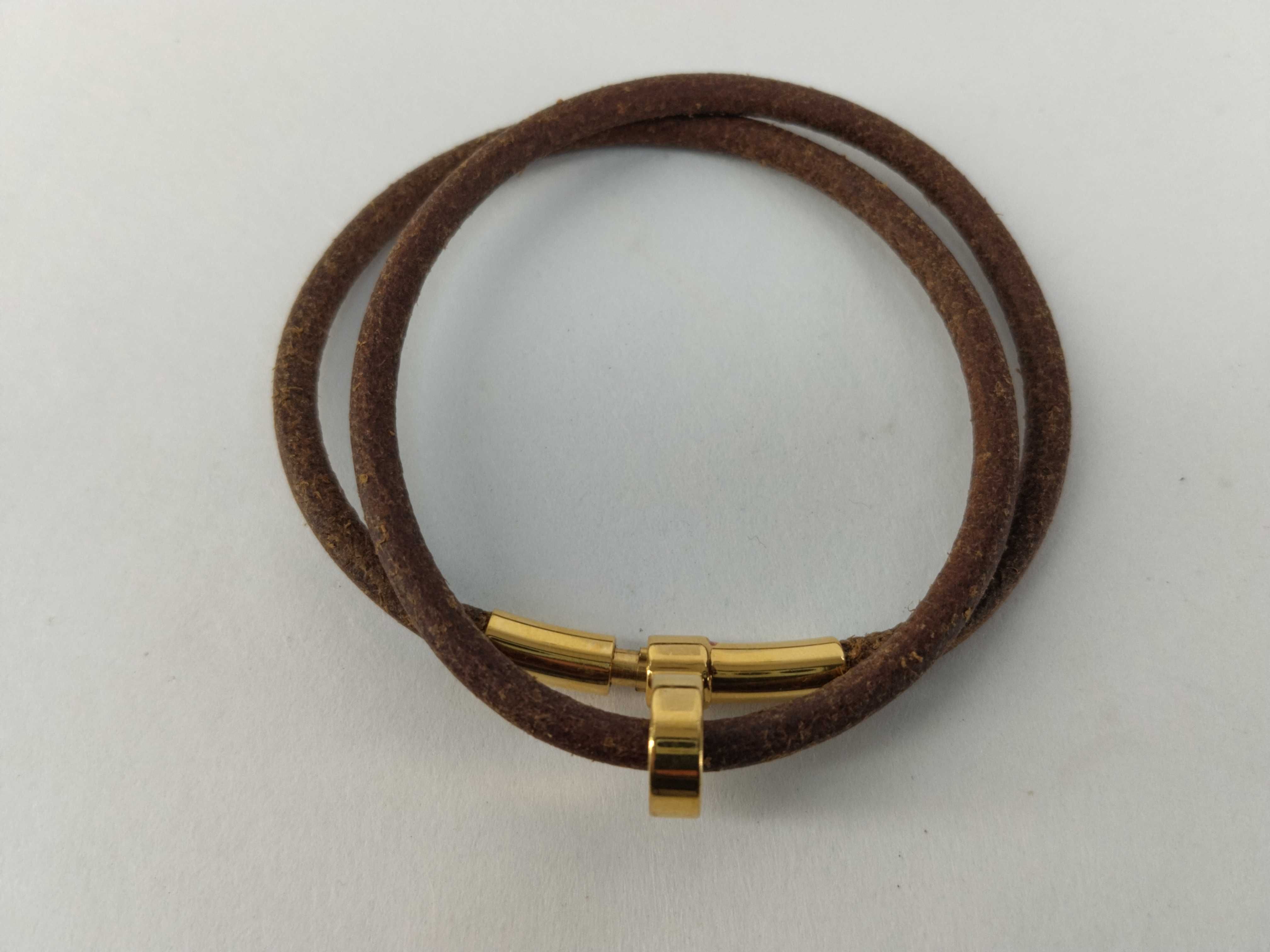Double Kelly Leather Brown Gold Hardware Bracelet Choker Bracelet/Bangle — view 2