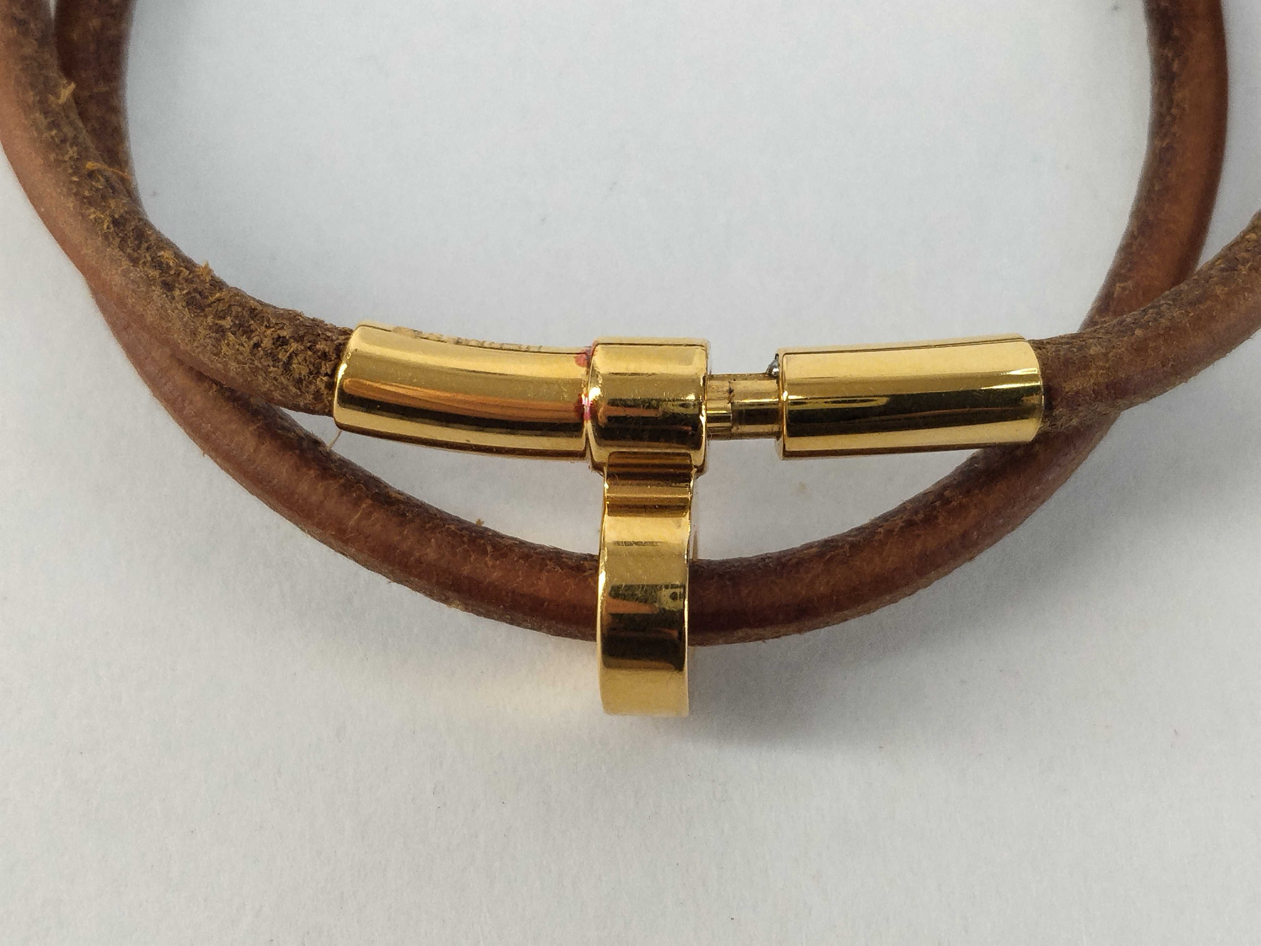 Double Kelly Leather Brown Gold Hardware Bracelet Choker Bracelet/Bangle — view 3