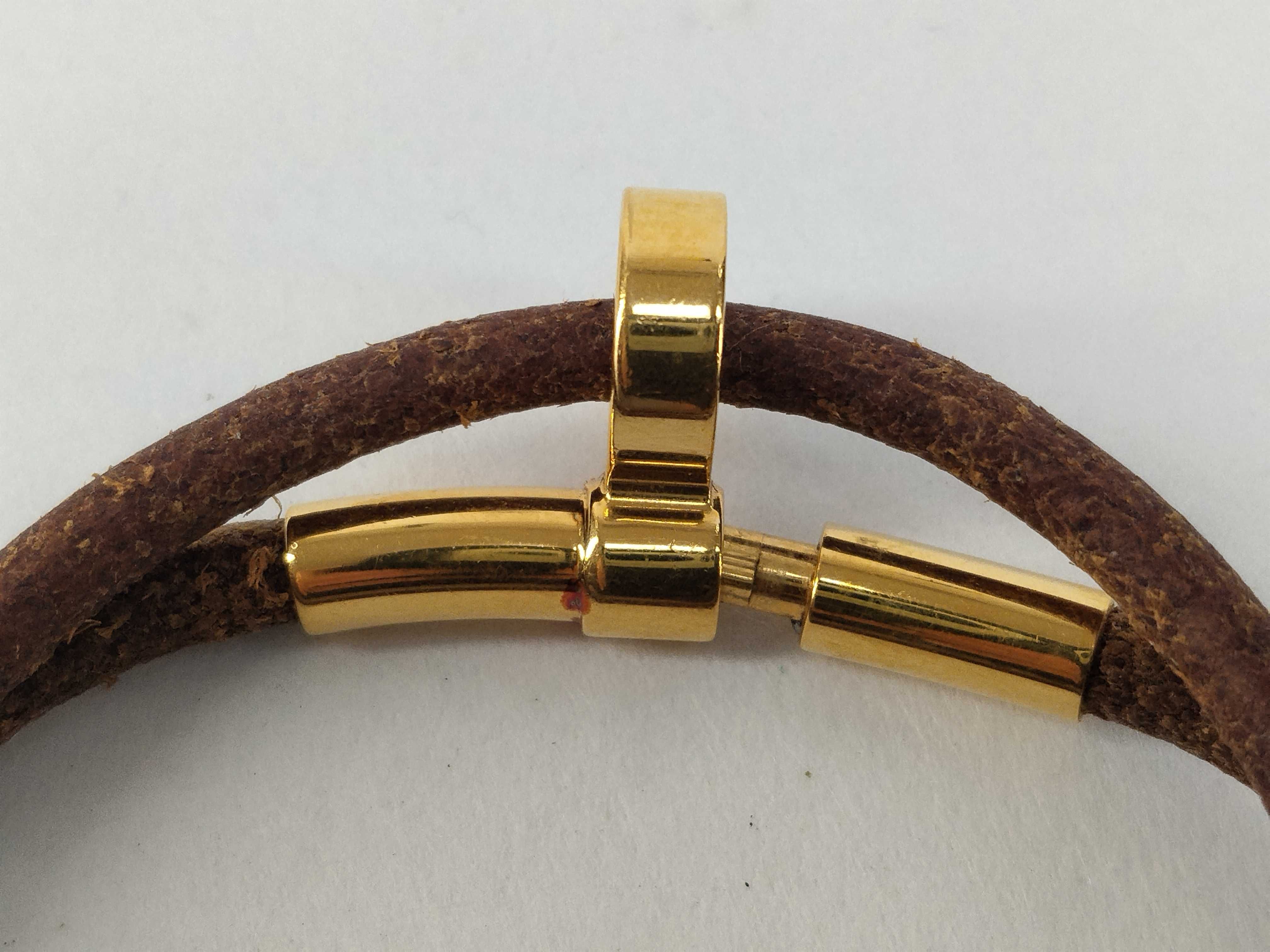 Double Kelly Leather Brown Gold Hardware Bracelet Choker Bracelet/Bangle — view 4