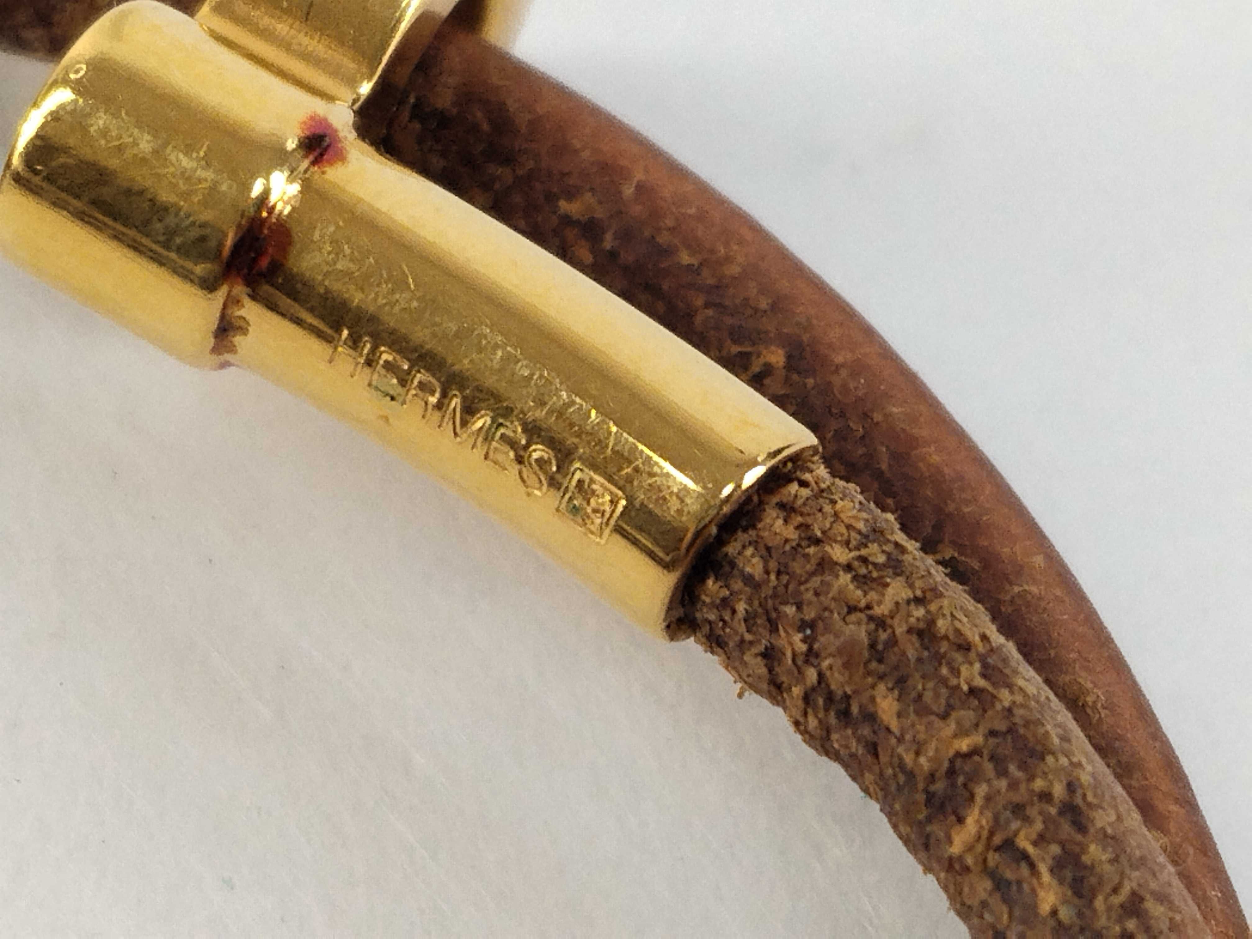 Double Kelly Leather Brown Gold Hardware Bracelet Choker Bracelet/Bangle — view 5