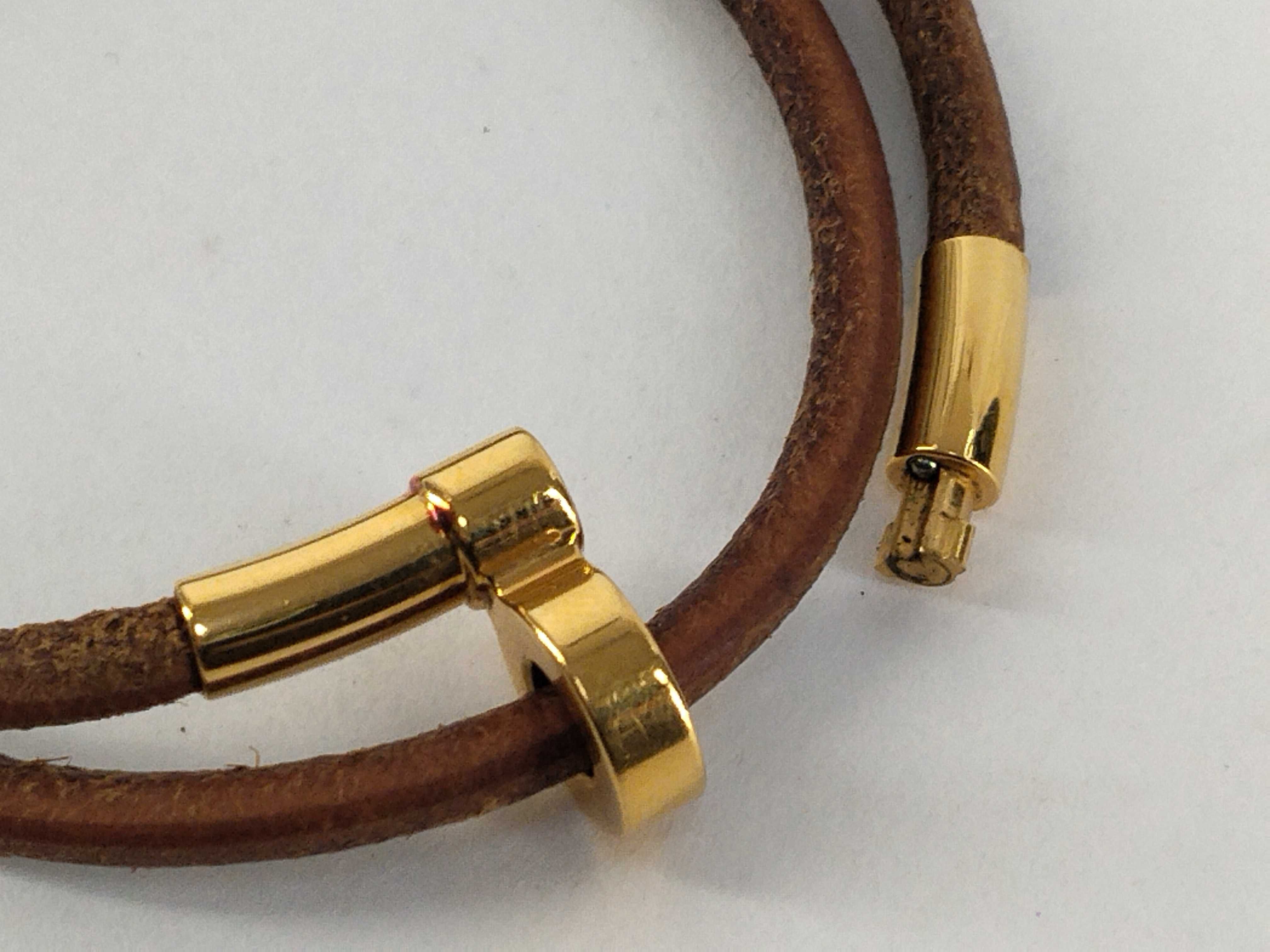 Double Kelly Leather Brown Gold Hardware Bracelet Choker Bracelet/Bangle — view 6