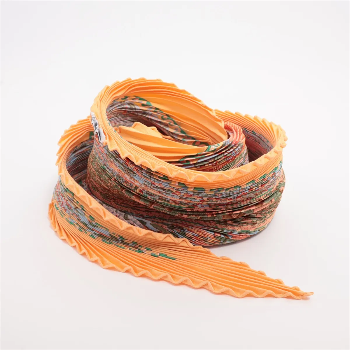 pleated scarf, Axis Mundi (the central axis of the world), silk, orange, with some wear, ink