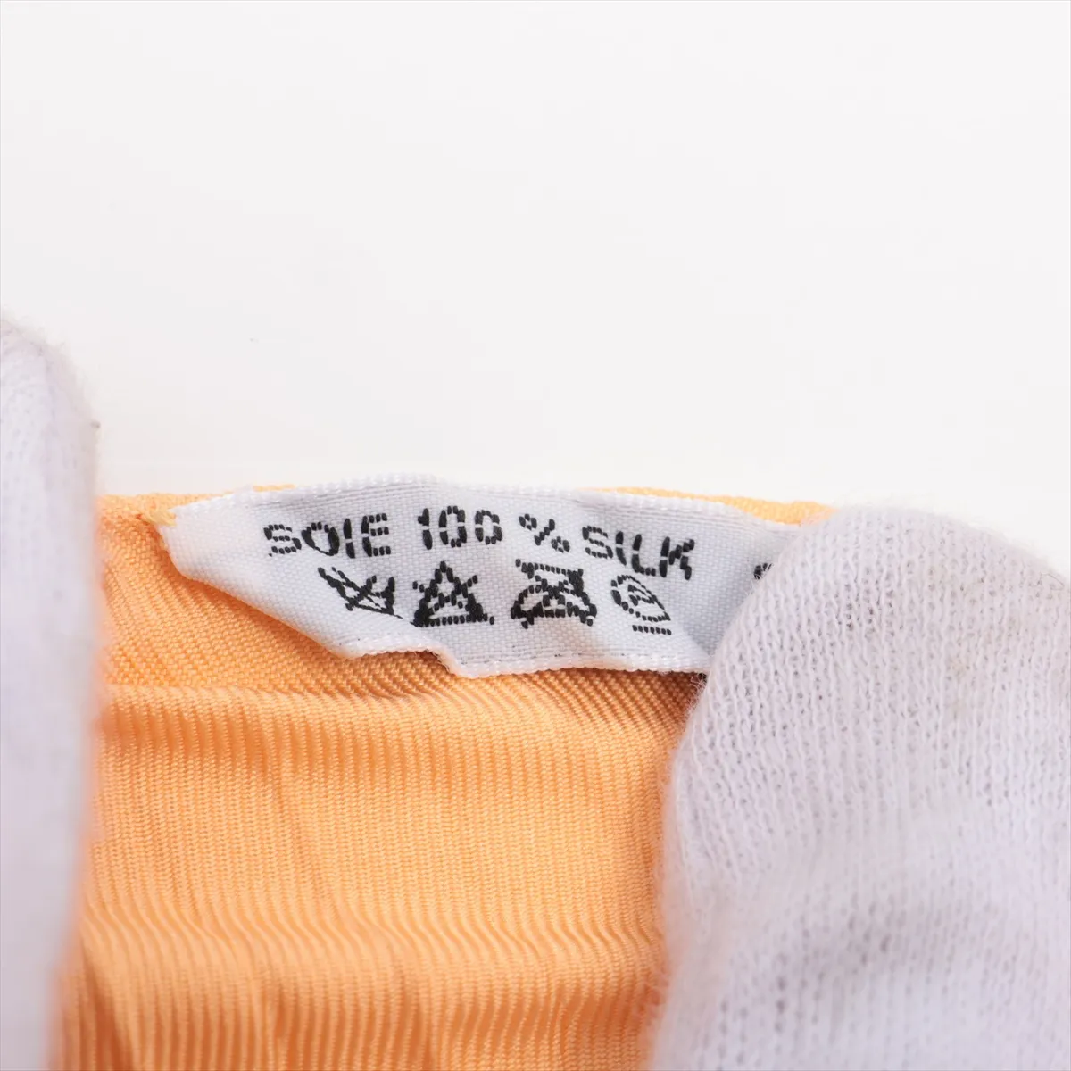 pleated scarf, Axis Mundi (the central axis of the world), silk, orange, with some wear, ink — view 3
