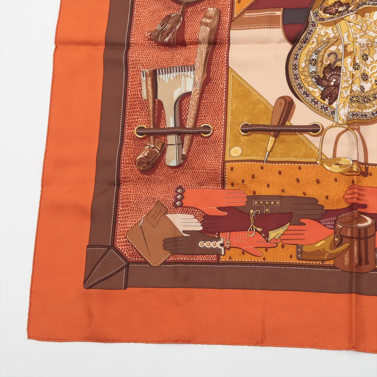 Carre 90 TOUT CUIR All leather Scarf Silk Orange x Brown Threads Fuzzing Threads Twisting Stains — view 5