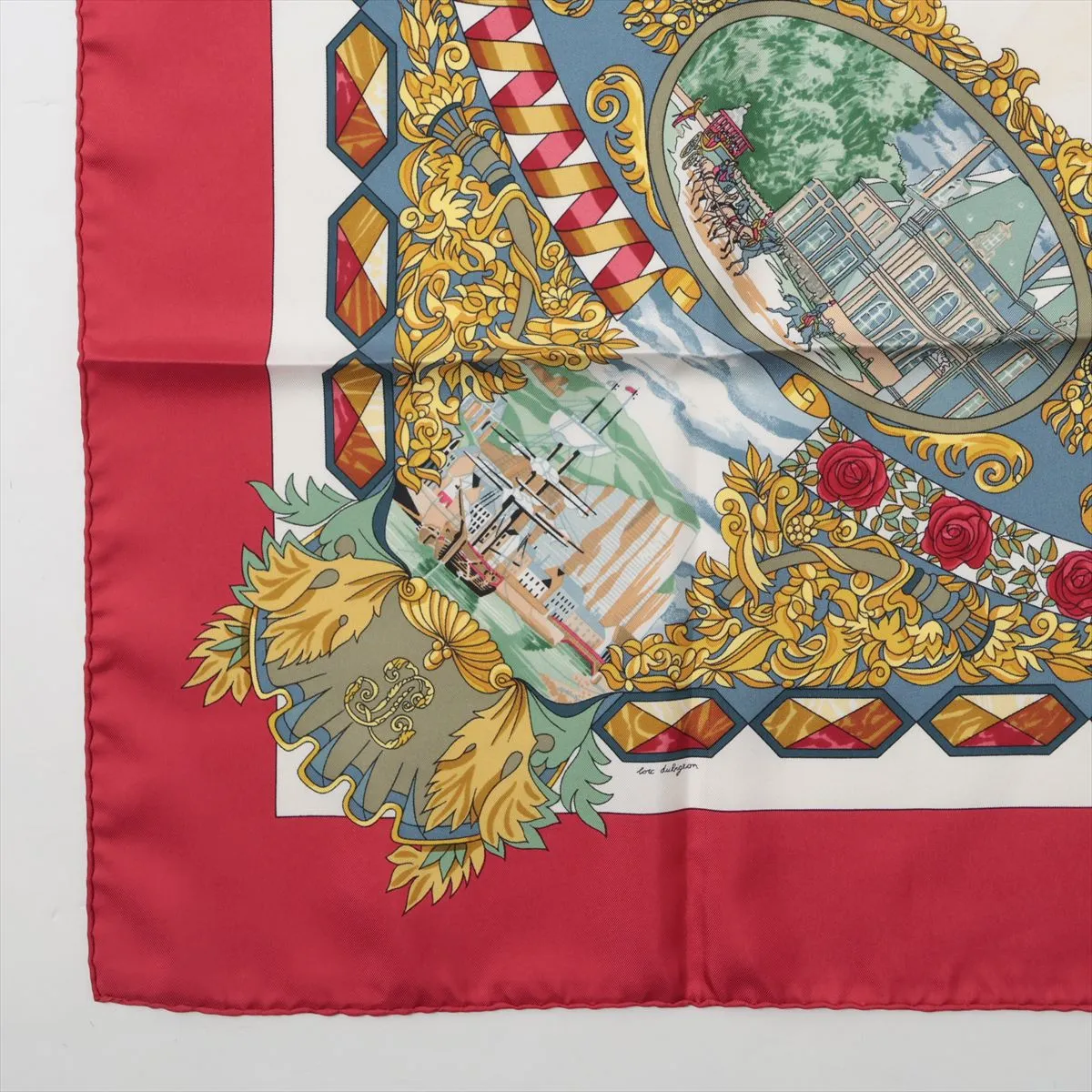Carre 90 L’ENTENTE CORDIALE Franco-British Alliance Scarf, Silk, Red, with some wear, — view 5
