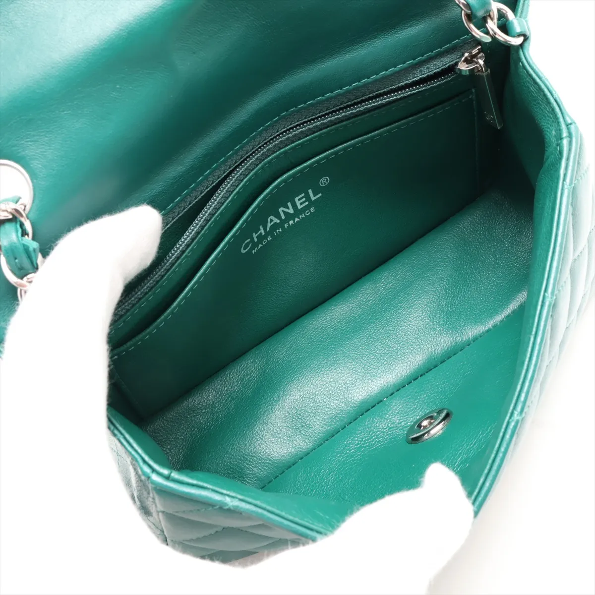 Mini Matelassé 20 Lambskin Single Flap Single Chain Bag, Green, Silver Hardware, 25798637, Serial Number 25-series, A69900 — view 6