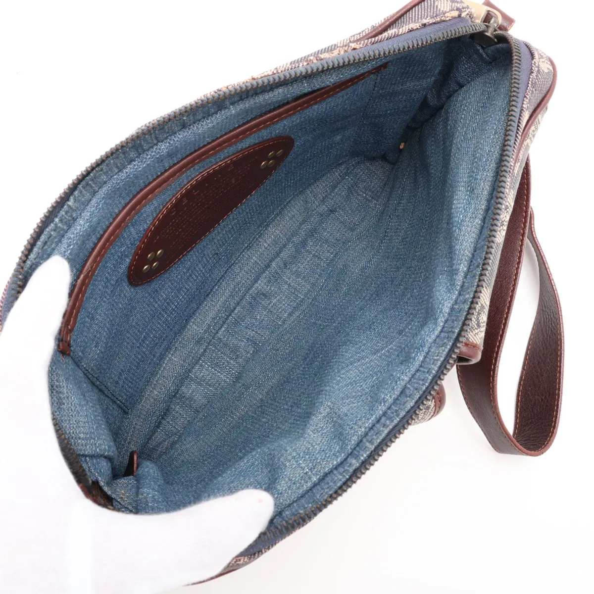 Paris Macadam Denim x Leather Shoulder Bag, Blue x Brown — view 6