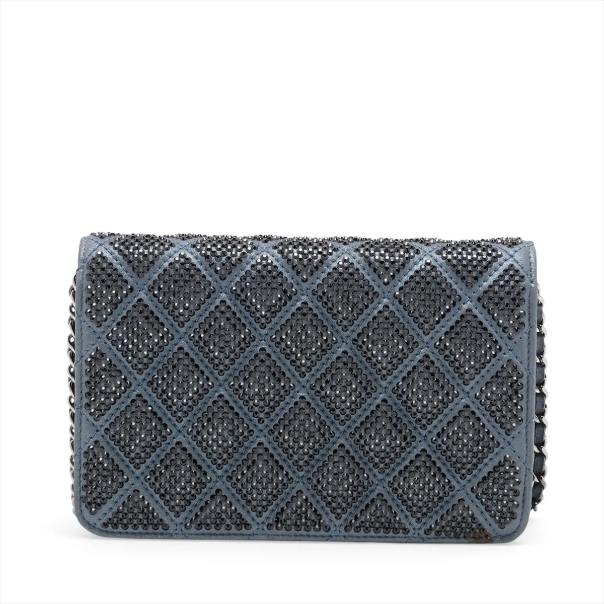 Matelassé Leather x Rhinestone Chain Wallet, Blue, Silver Hardware, Item Number 16999598 (Serial Number 16) — view 2