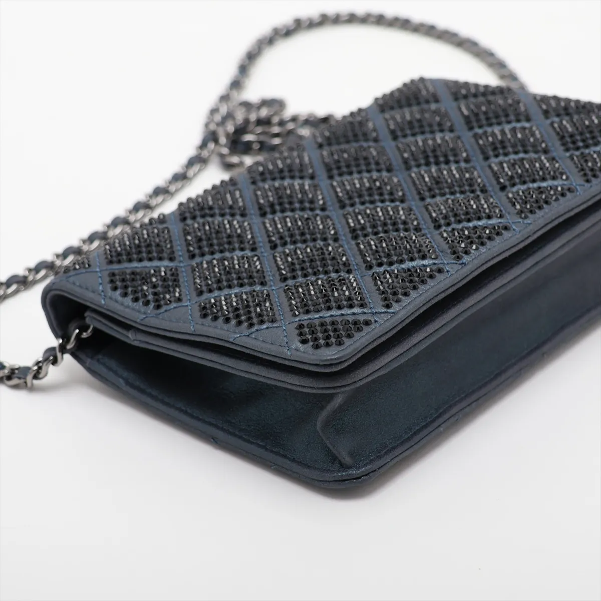 Matelassé Leather x Rhinestone Chain Wallet, Blue, Silver Hardware, Item Number 16999598 (Serial Number 16) — view 4