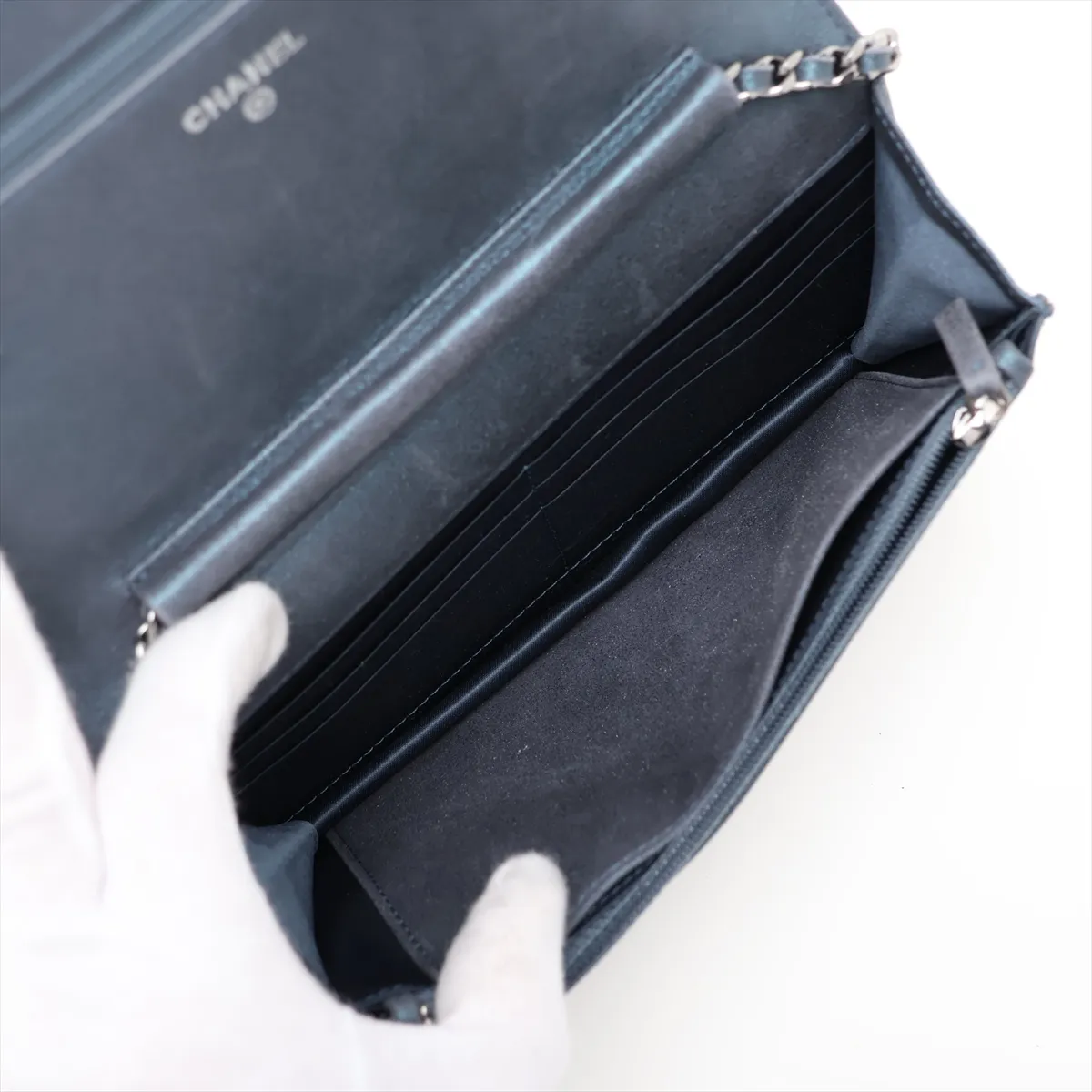 Matelassé Leather x Rhinestone Chain Wallet, Blue, Silver Hardware, Item Number 16999598 (Serial Number 16) — view 6