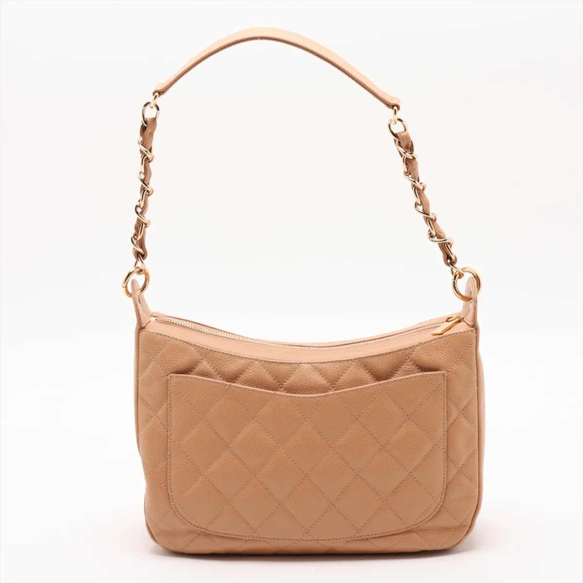 Matelassé Caviar Skin Chain Shoulder Bag, Beige with Gold Hardware, 9324302, Series 9 — view 2