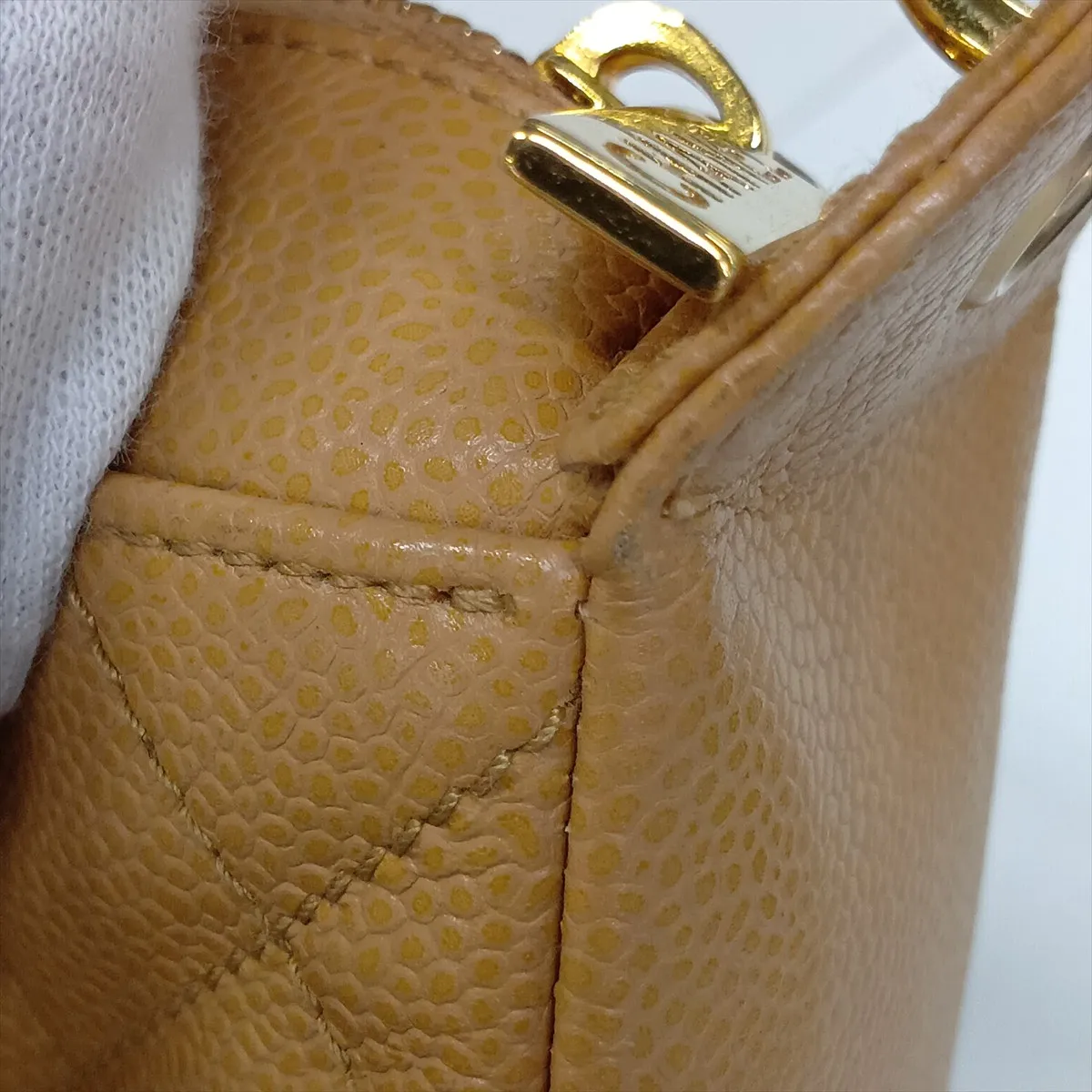 Matelassé Caviar Skin Chain Shoulder Bag, Beige with Gold Hardware, 9324302, Series 9 — view 11