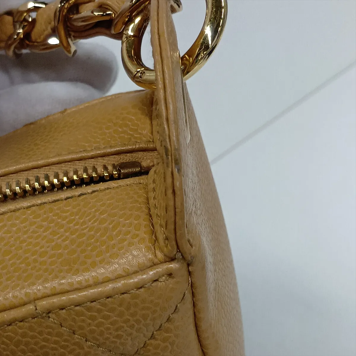 Matelassé Caviar Skin Chain Shoulder Bag, Beige with Gold Hardware, 9324302, Series 9 — view 14