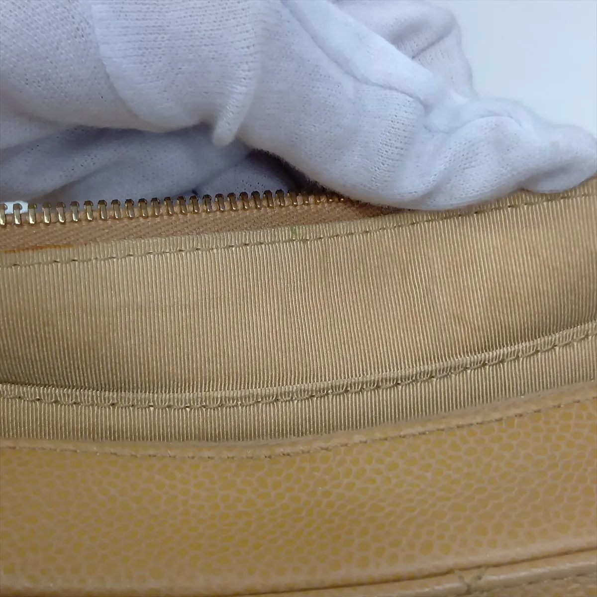 Matelassé Caviar Skin Chain Shoulder Bag, Beige with Gold Hardware, 9324302, Series 9 — view 15