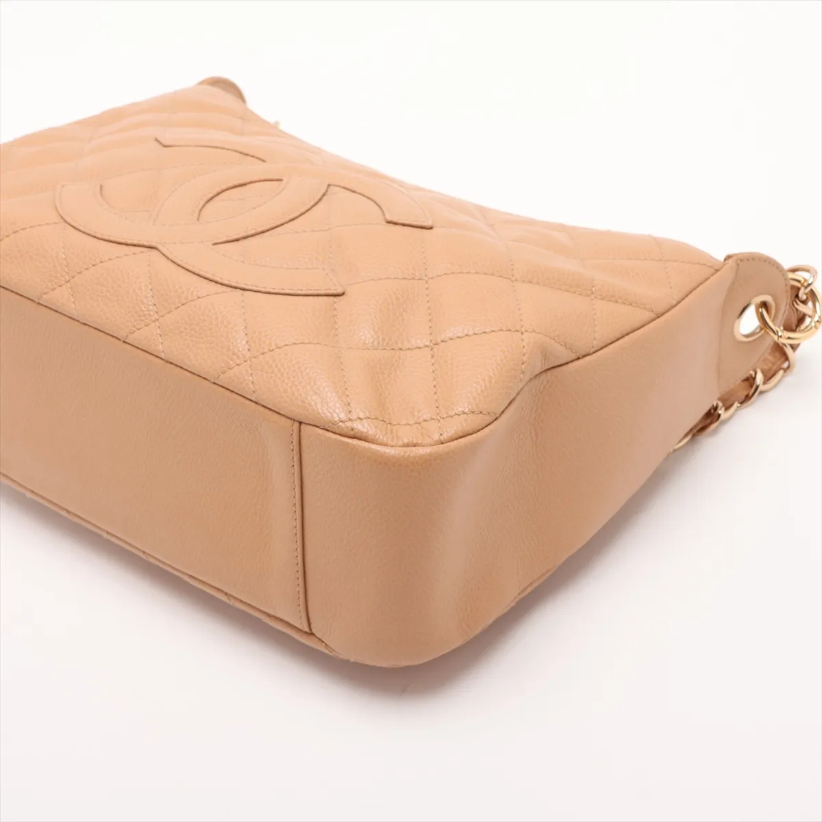 Matelassé Caviar Skin Chain Shoulder Bag, Beige with Gold Hardware, 9324302, Series 9 — view 3