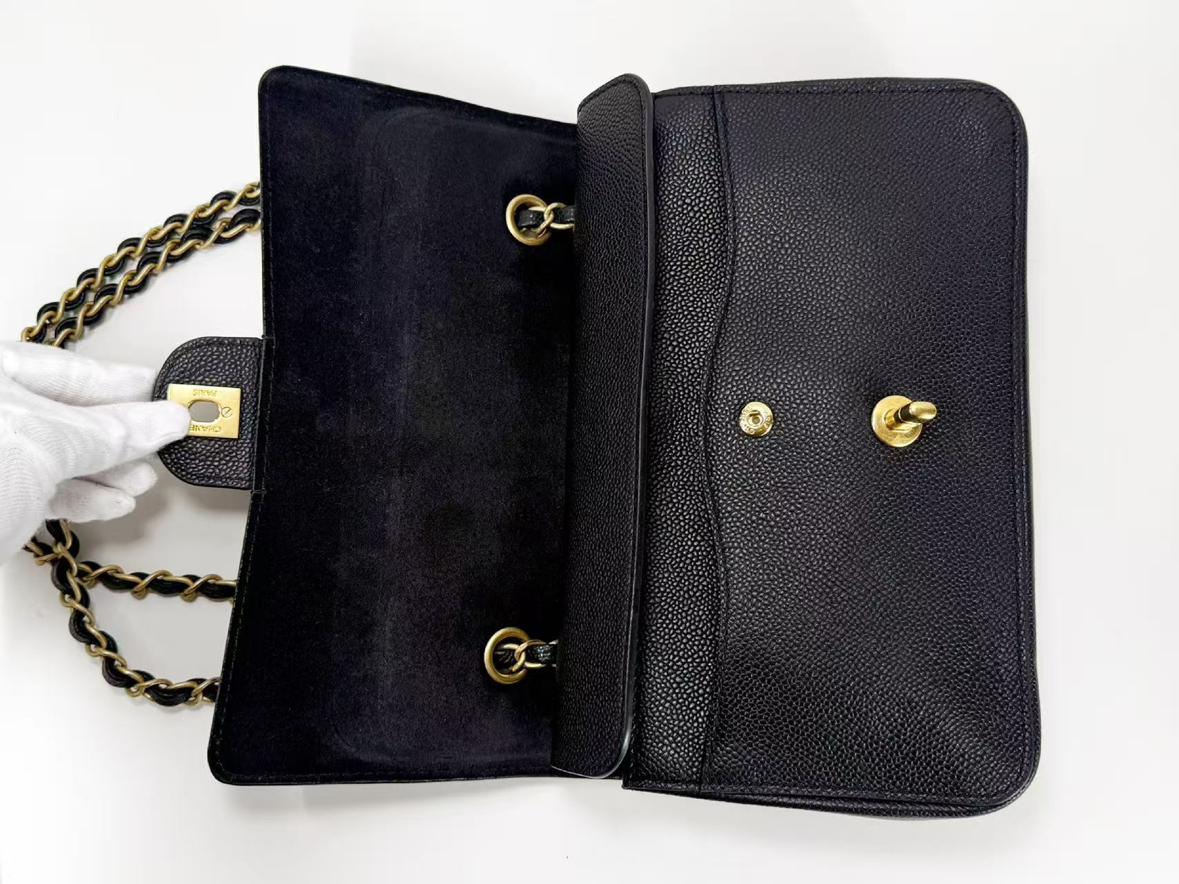 Black Caviar Skin Tanlock Double Flap Shoulder Bag, W25/H15/D6cm (approx.), Serial Number , Vintage Gold Hardware, with Dust Bag and Sticker. (Item No. 23961419) — view 12
