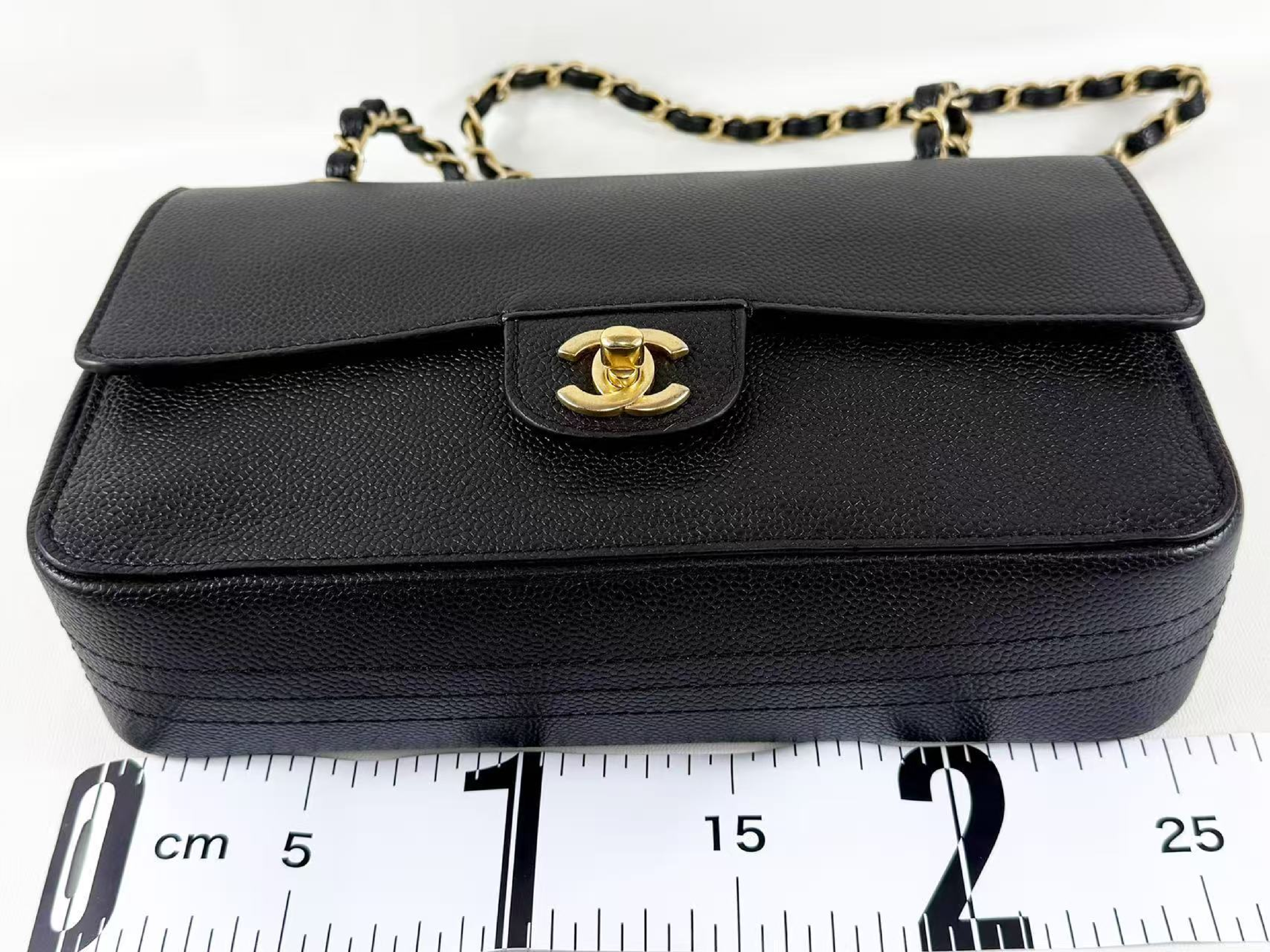 Black Caviar Skin Tanlock Double Flap Shoulder Bag, W25/H15/D6cm (approx.), Serial Number , Vintage Gold Hardware, with Dust Bag and Sticker. (Item No. 23961419) — view 4