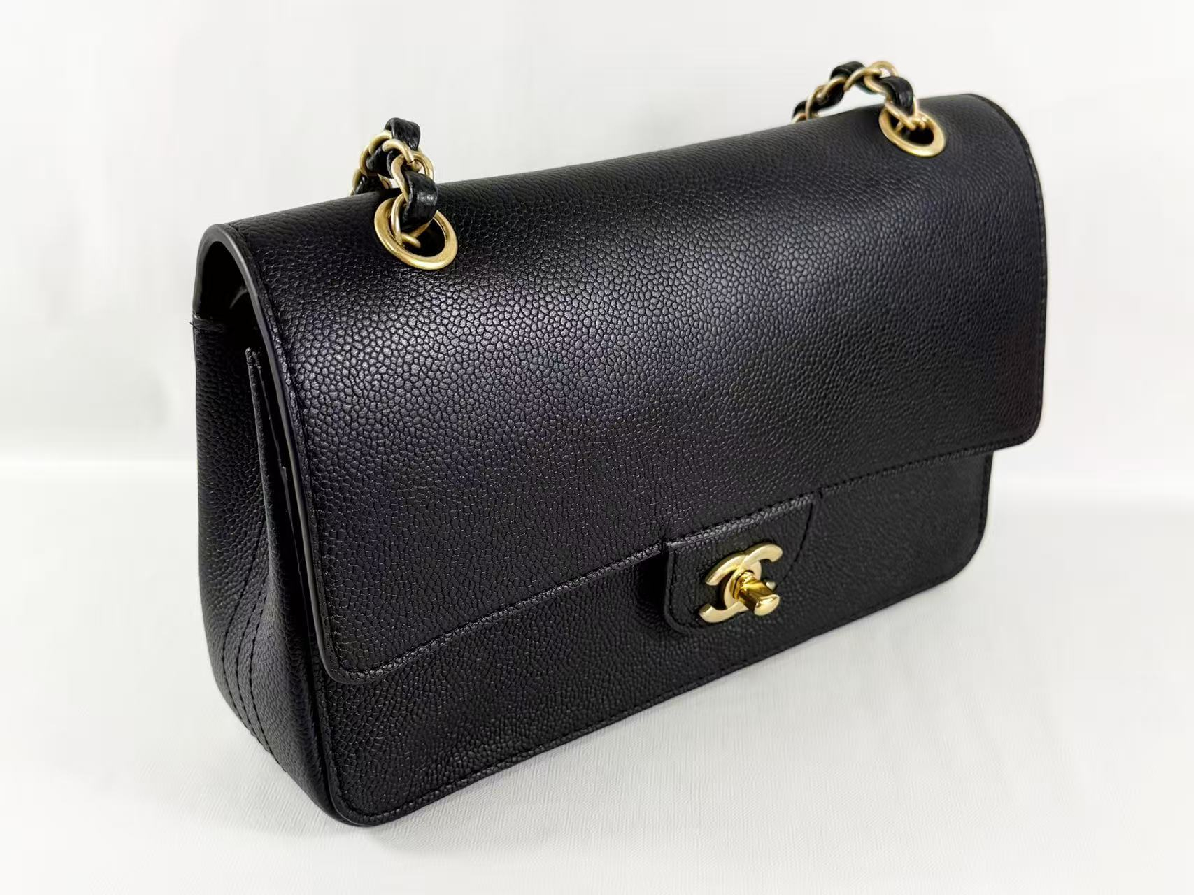 Black Caviar Skin Tanlock Double Flap Shoulder Bag, W25/H15/D6cm (approx.), Serial Number , Vintage Gold Hardware, with Dust Bag and Sticker. (Item No. 23961419) — view 6