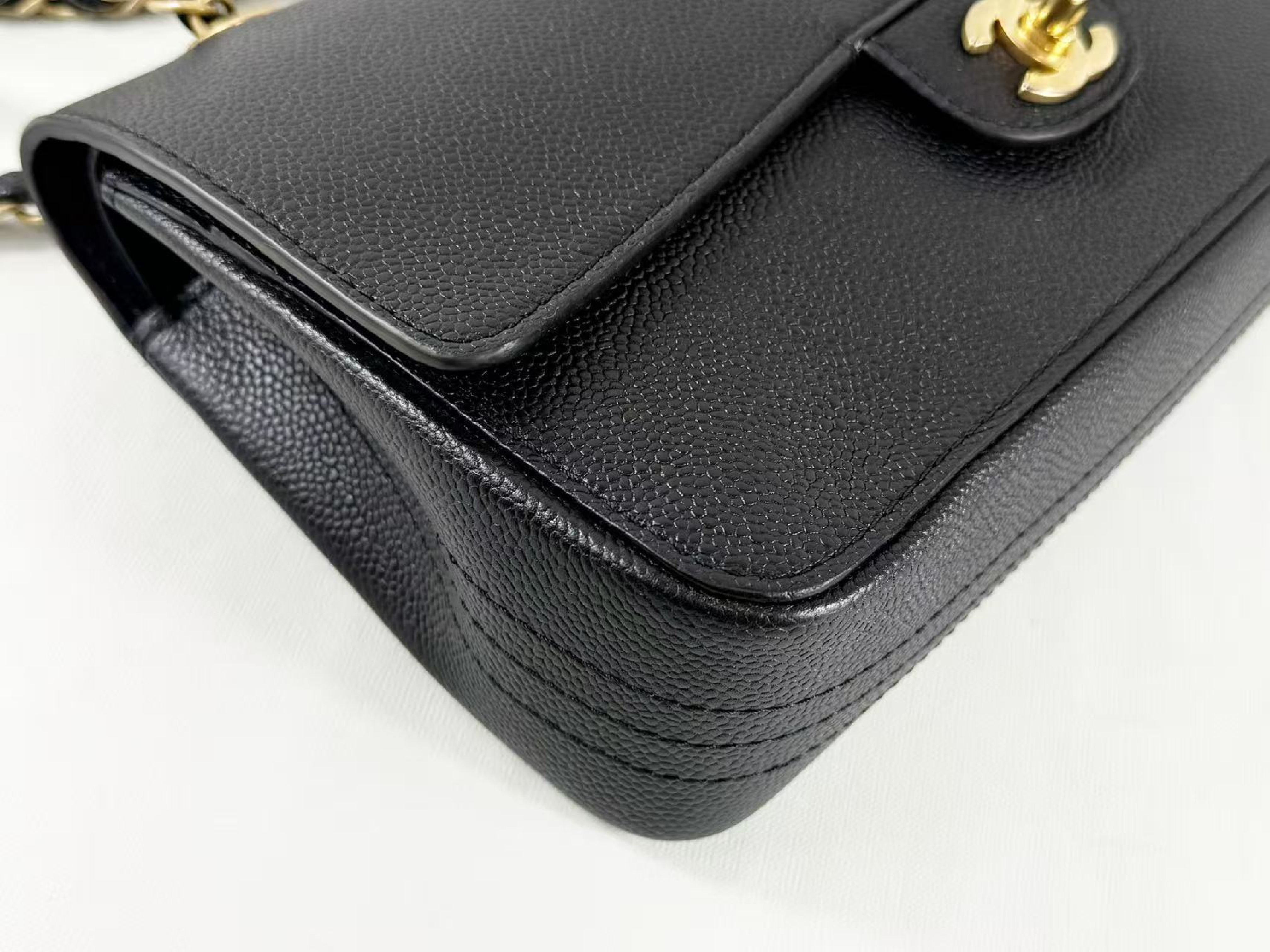Black Caviar Skin Tanlock Double Flap Shoulder Bag, W25/H15/D6cm (approx.), Serial Number , Vintage Gold Hardware, with Dust Bag and Sticker. (Item No. 23961419) — view 8