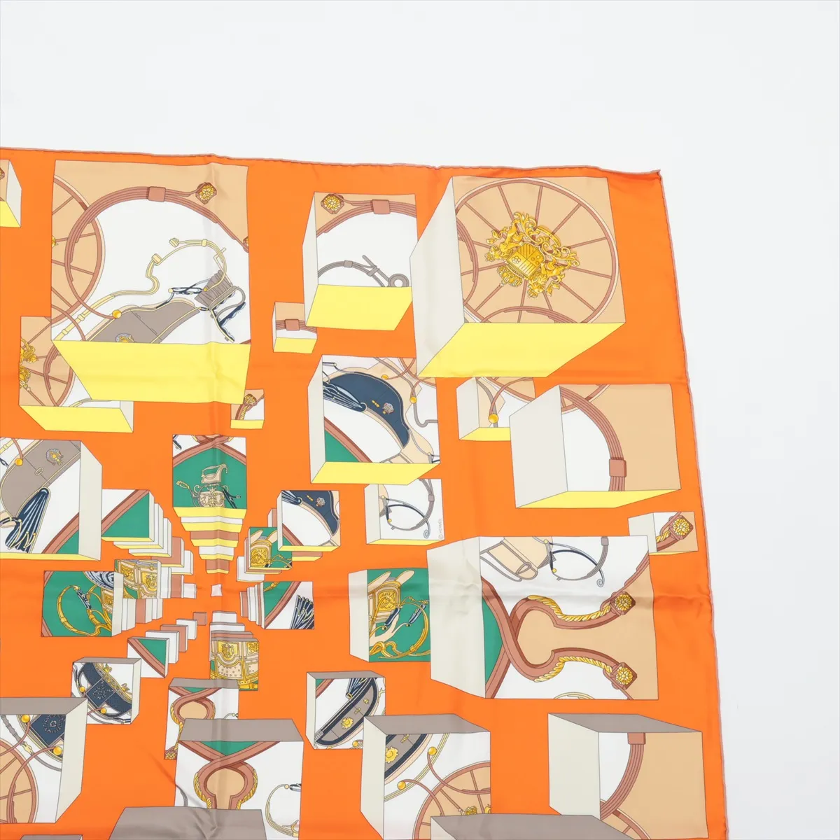 Carre 90 "TOUS EN SELLE" (Everything is in the Saddle) Silk Scarf, Orange. Shows signs of wear, including snags, — view 3