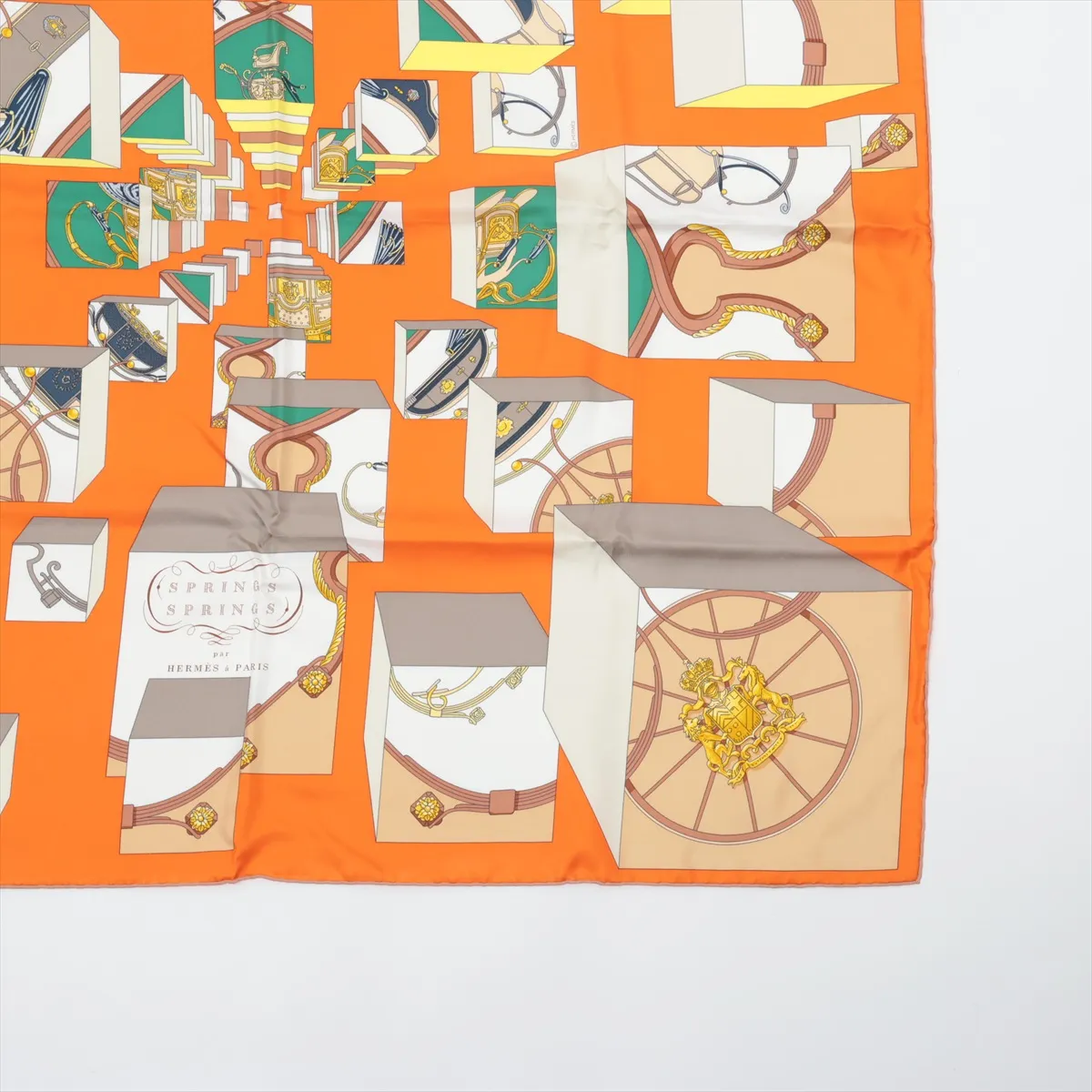 Carre 90 "TOUS EN SELLE" (Everything is in the Saddle) Silk Scarf, Orange. Shows signs of wear, including snags, — view 4