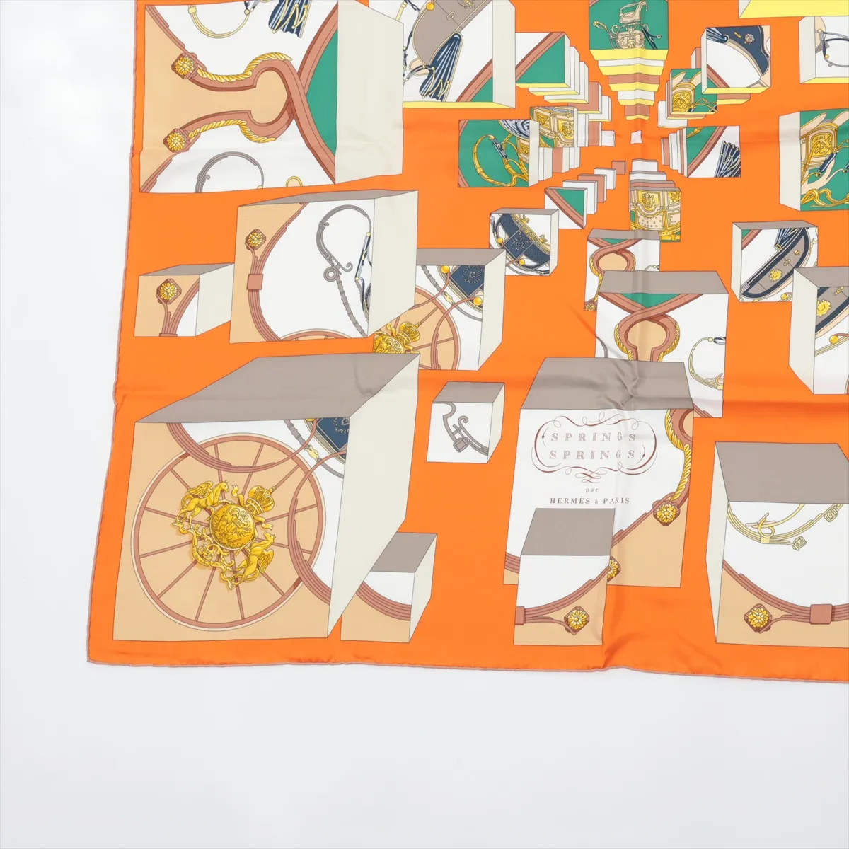 Carre 90 "TOUS EN SELLE" (Everything is in the Saddle) Silk Scarf, Orange. Shows signs of wear, including snags, — view 5