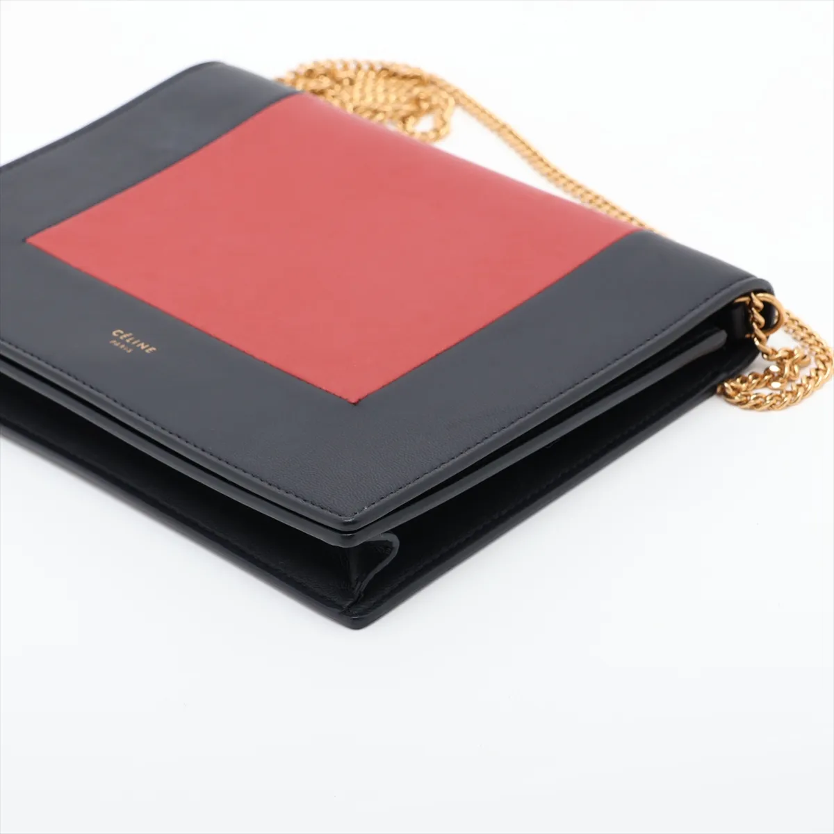 Frame Leather Chain Shoulder Bag, Navy x Red — view 3