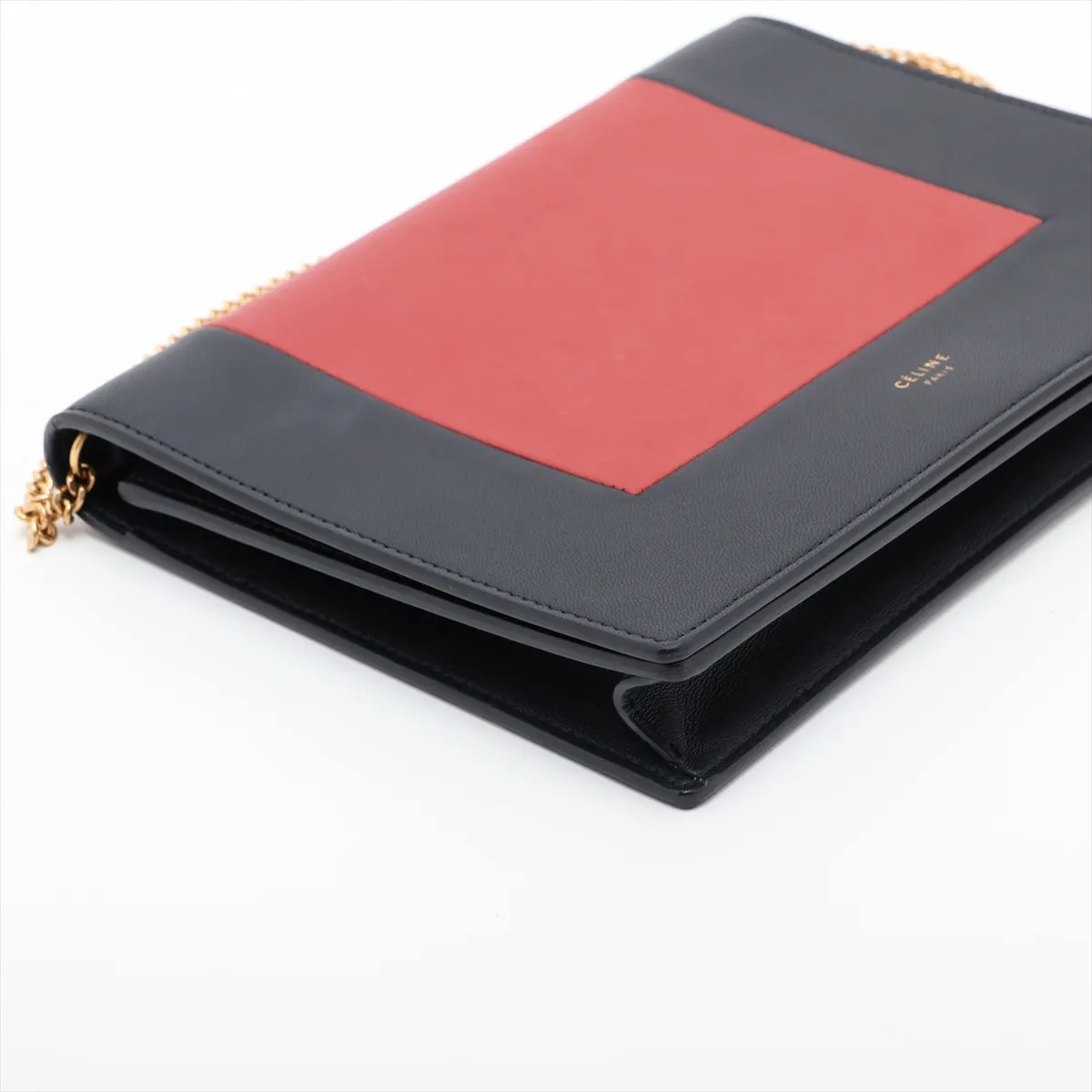 Frame Leather Chain Shoulder Bag, Navy x Red — view 4
