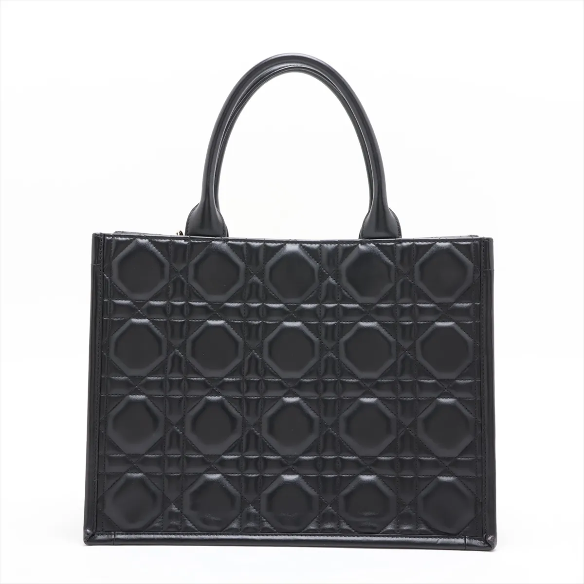 Macro Cannage Book Tote Medium Leather Tote Bag, Black — view 2