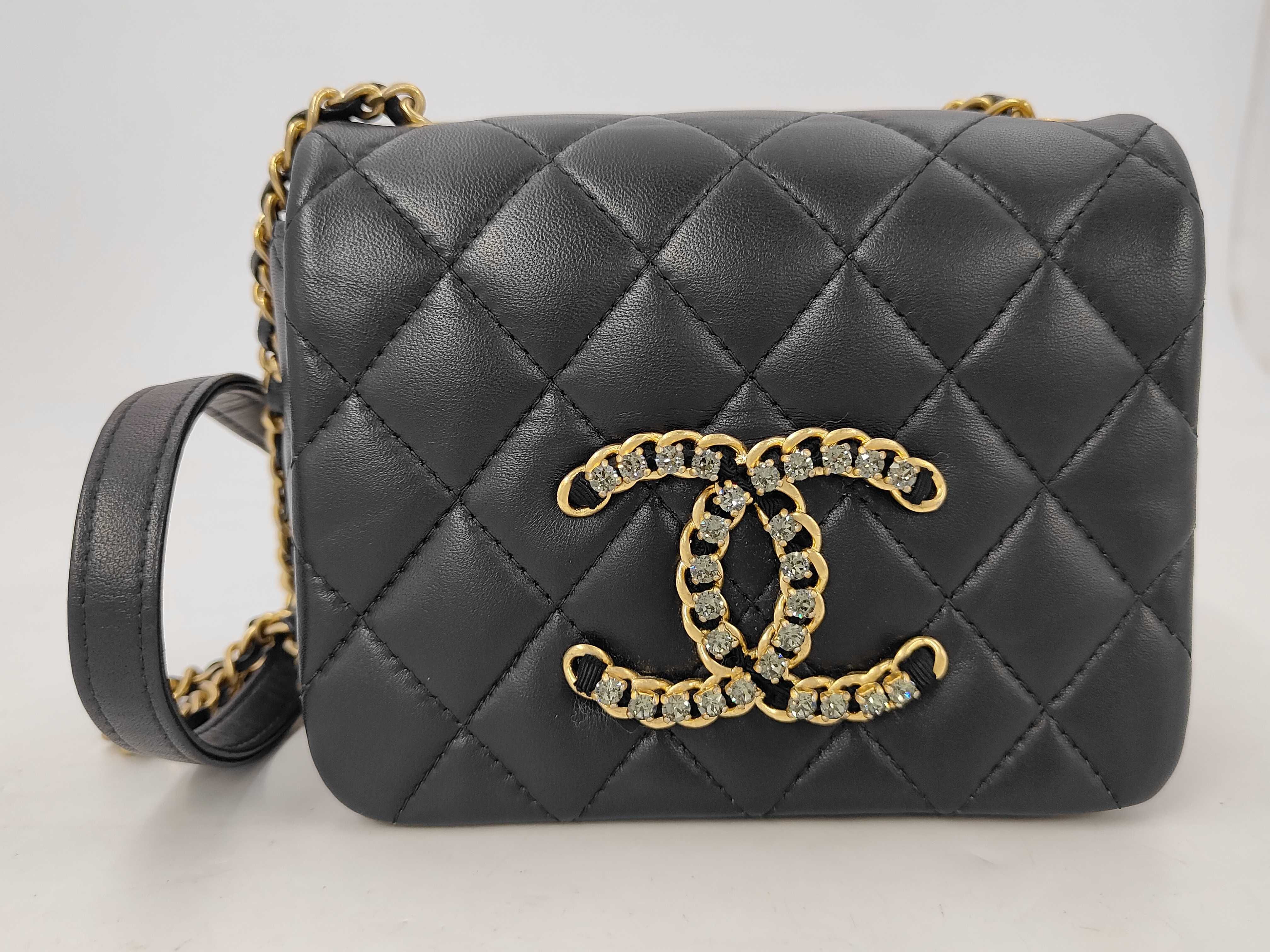 Mini Matelassé Lambskin Chain Bag with Rhinestones, Black, Gold Hardware, Shoulder Bag
