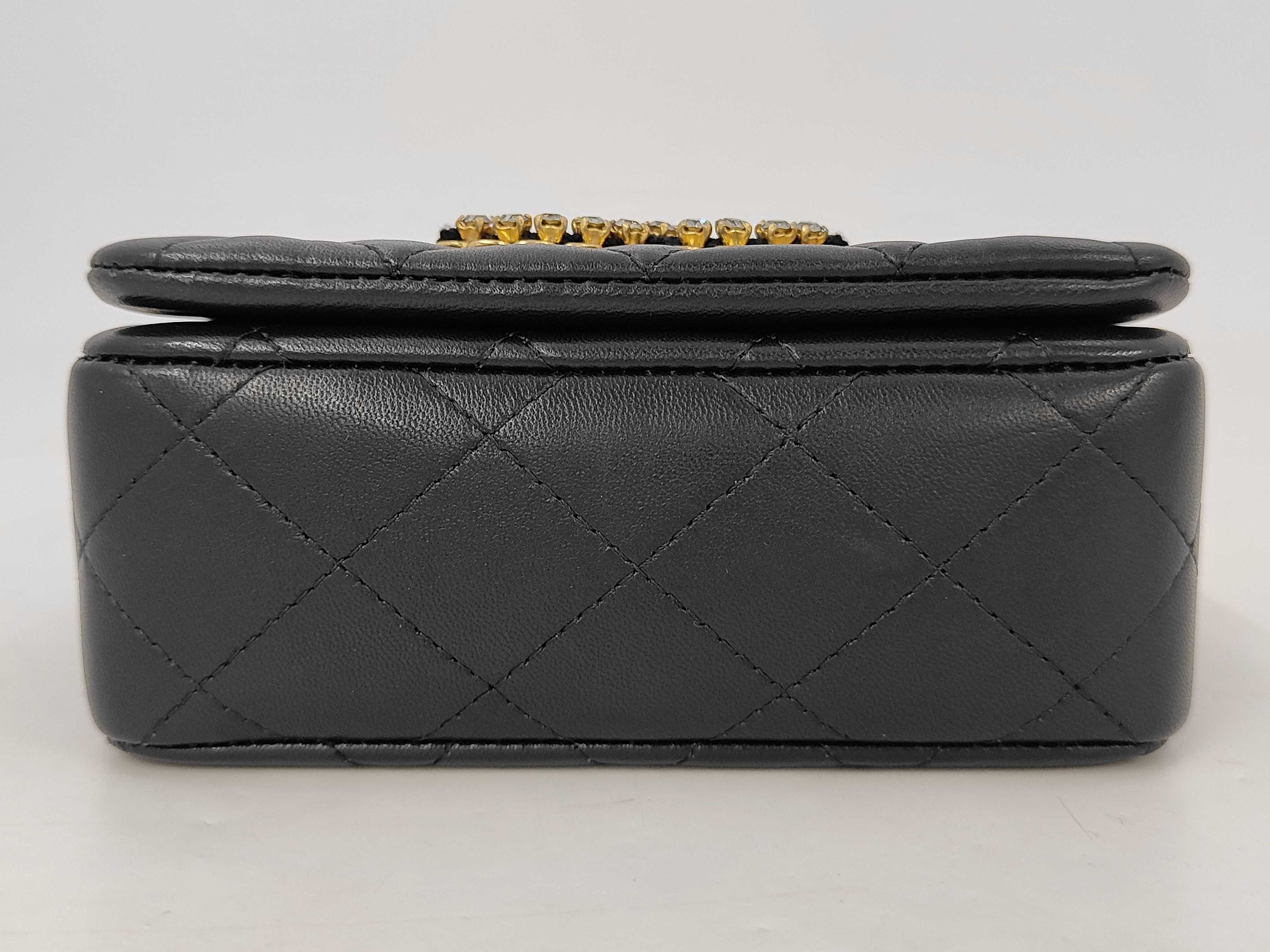 Mini Matelassé Lambskin Chain Bag with Rhinestones, Black, Gold Hardware, Shoulder Bag — view 4