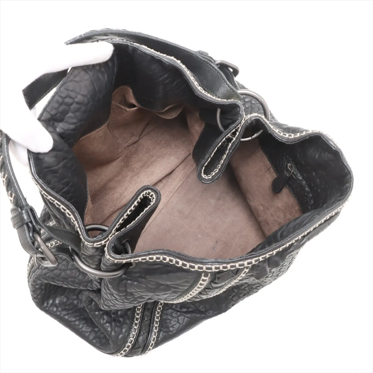 Intrecciato Leather Shoulder Bag, Black — view 7