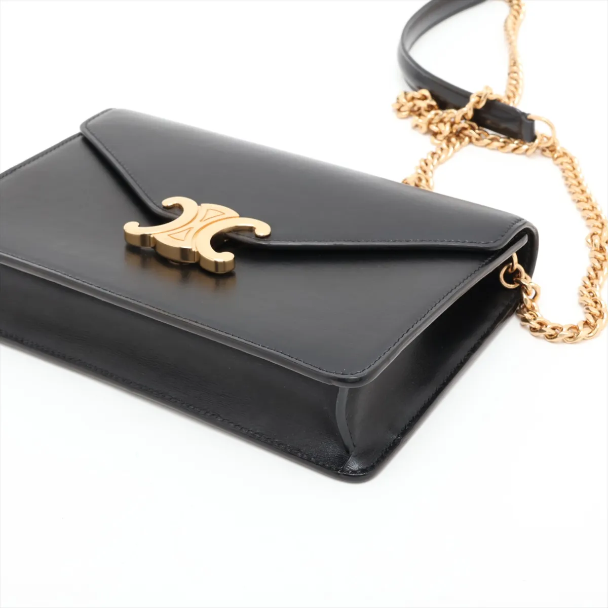 Triomphe Margot Leather Chain Shoulder Bag, Black — view 3
