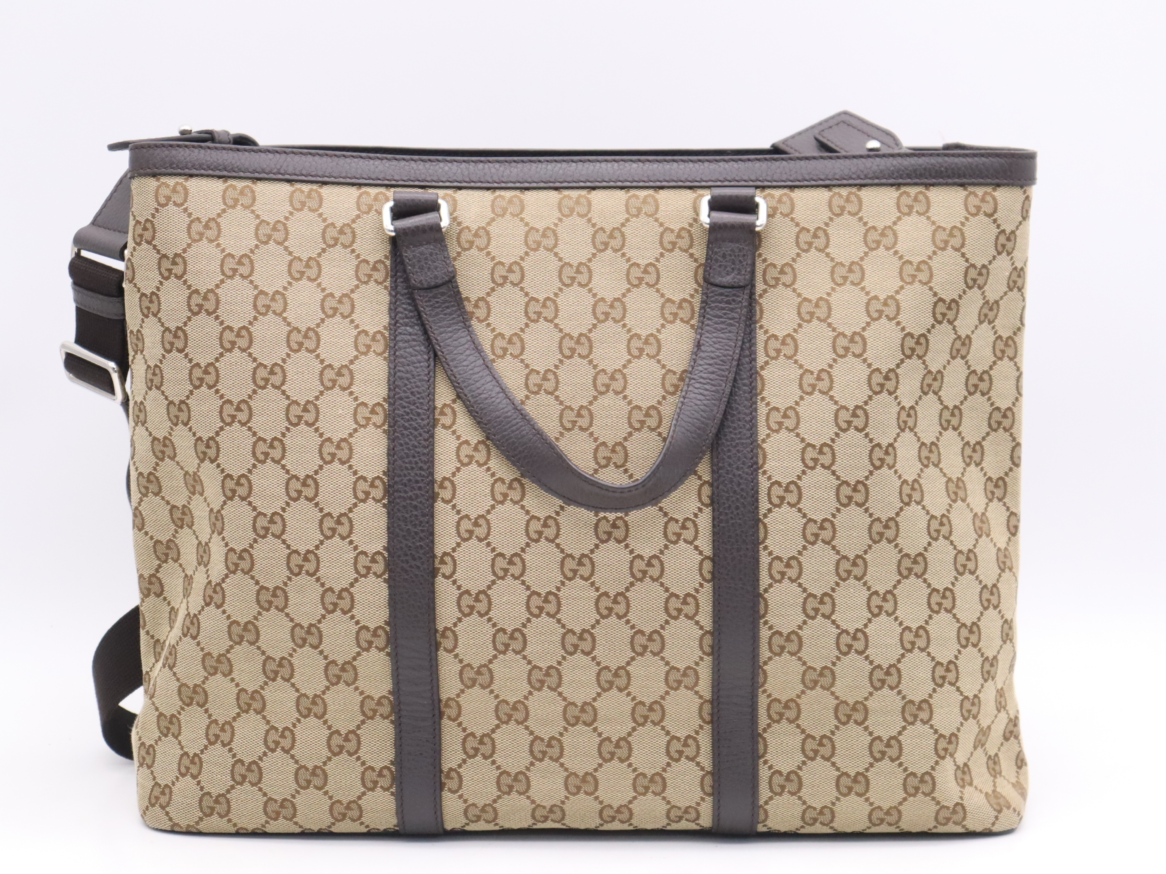 449169 Canvas x Leather GG Canvas 2-Way Tote Bag, Beige x Brown, Silver Hardware, with Shoulder Strap. — view 2