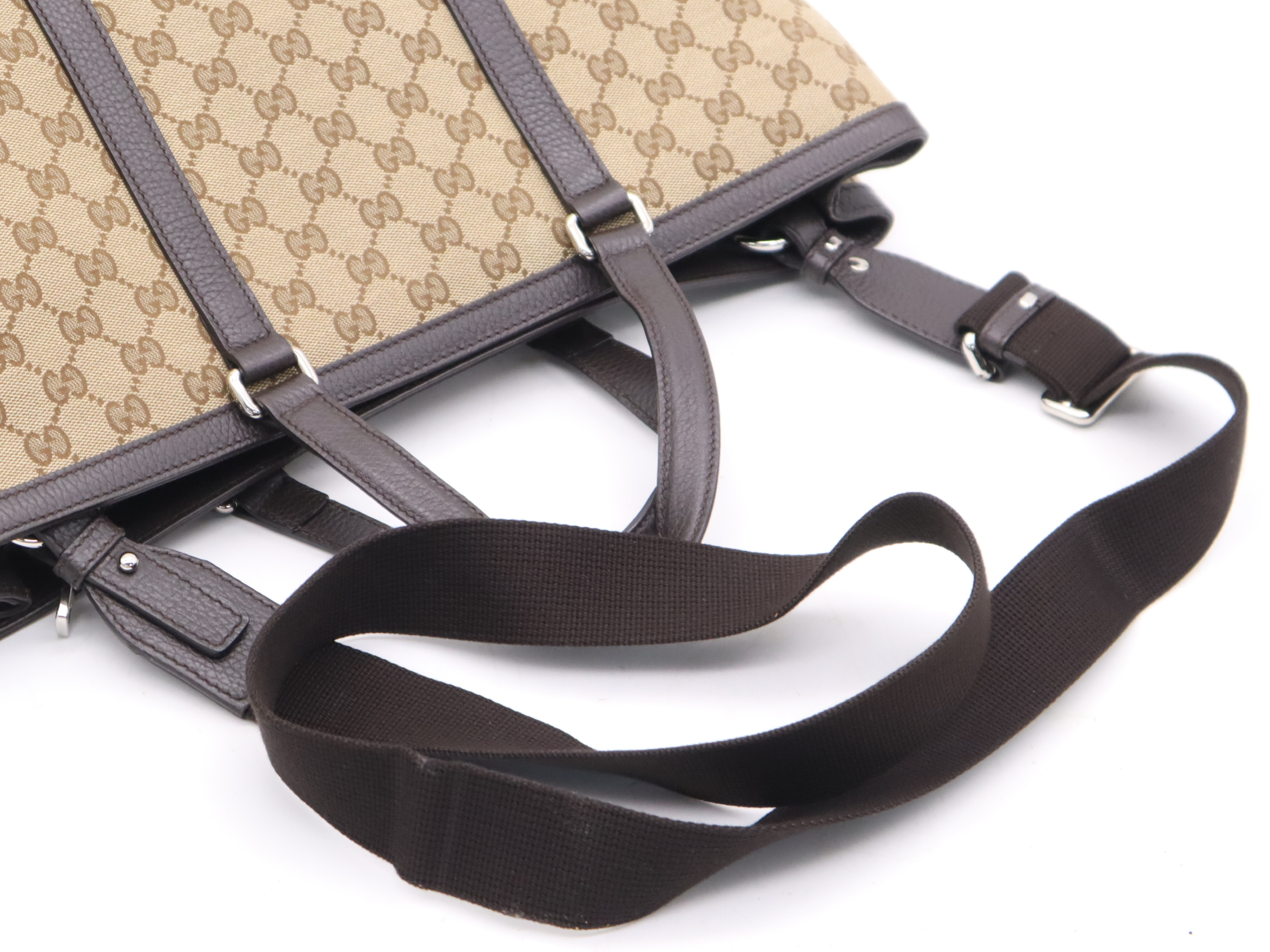 449169 Canvas x Leather GG Canvas 2-Way Tote Bag, Beige x Brown, Silver Hardware, with Shoulder Strap. — view 6